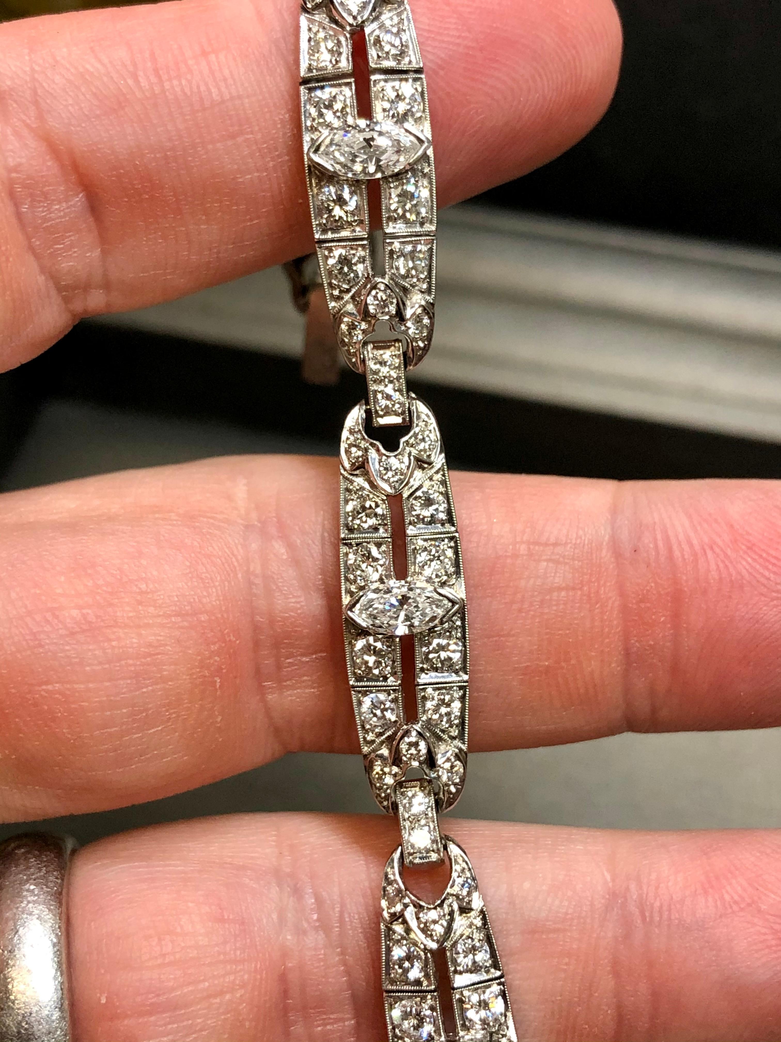 Antique Art Deco Platinum Marquise Round Diamond Bracelet 4.65cttw 7” For Sale 4