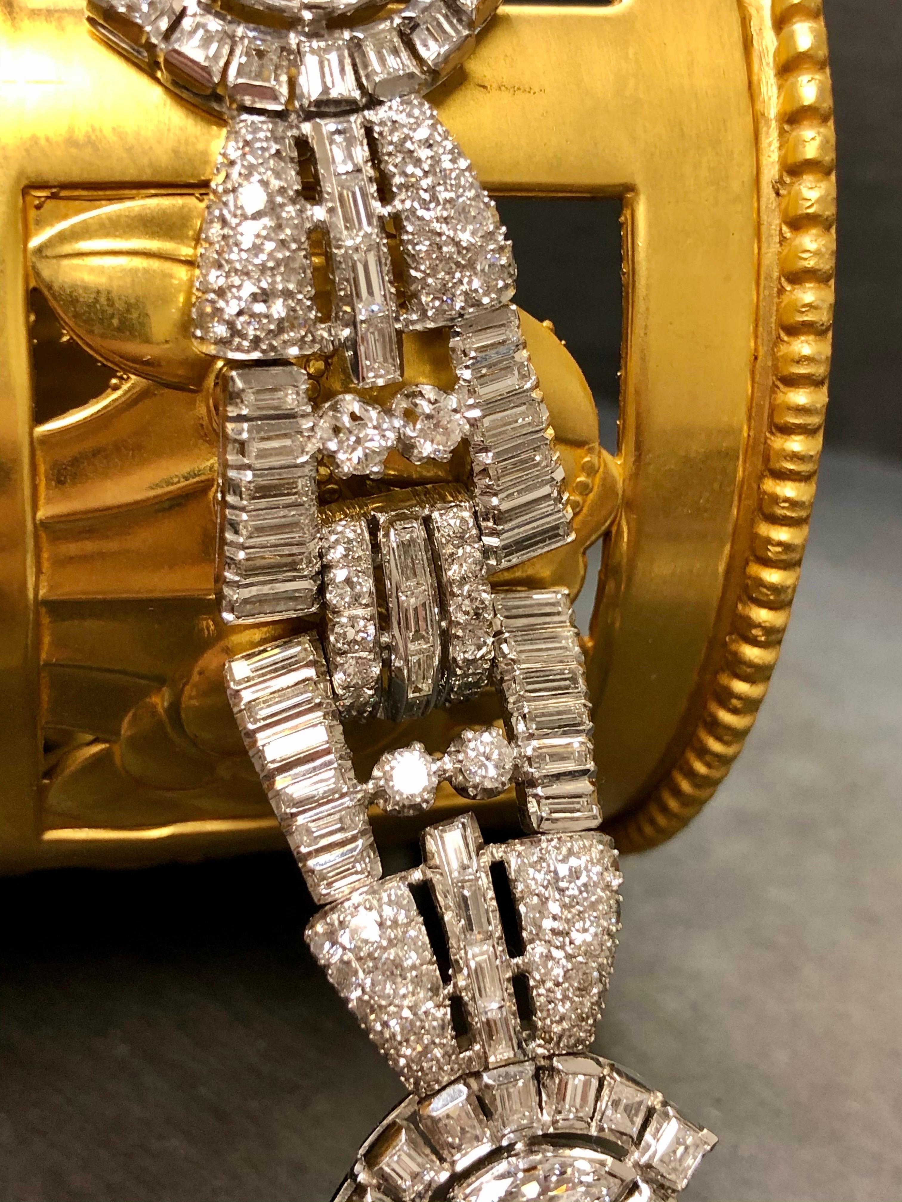 Vintage 1950’s Platinum Wide Marquise Baguette 15.60cttw Diamond Bracelet In Good Condition For Sale In Winter Springs, FL