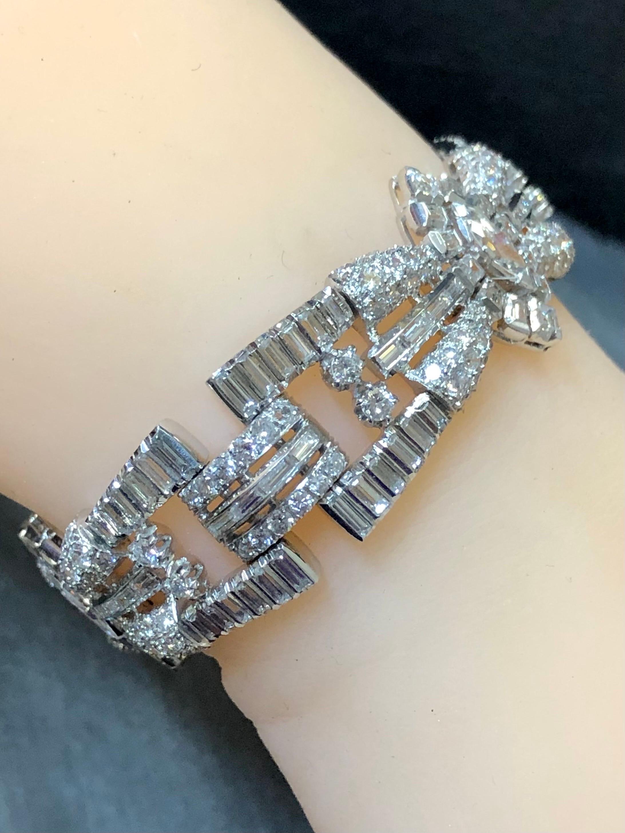 Women's or Men's Vintage 1950’s Platinum Wide Marquise Baguette 15.60cttw Diamond Bracelet For Sale