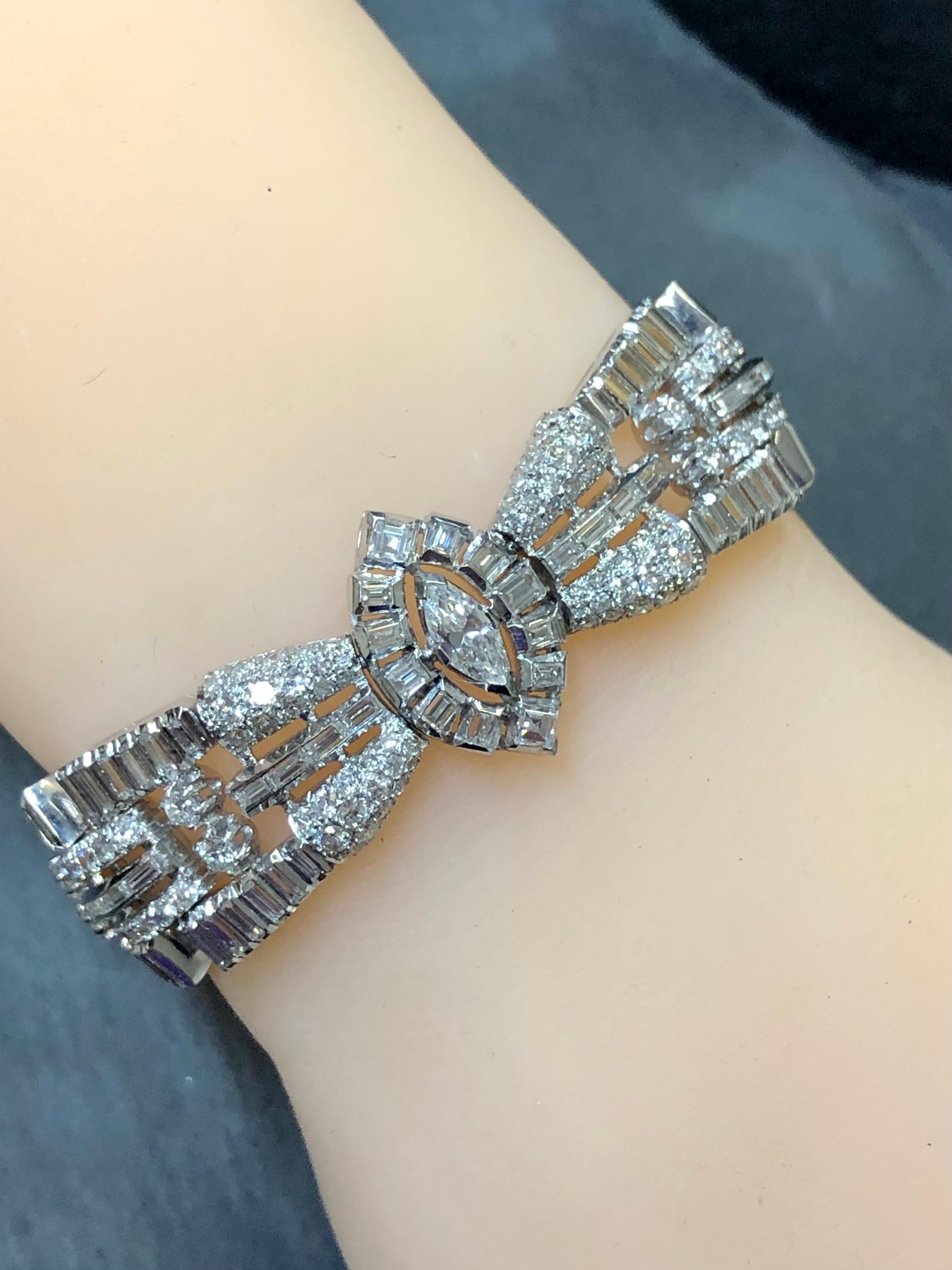 Vintage 1950’s Platinum Wide Marquise Baguette 15.60cttw Diamond Bracelet For Sale 2