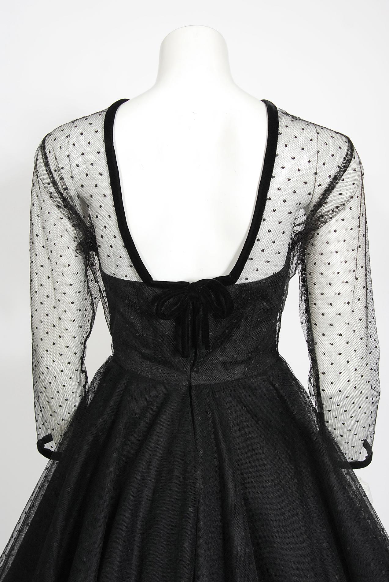 Vintage 1950s Rappi Couture Black Sheer Dotted Tulle Long Sleeve New Look Dress 3