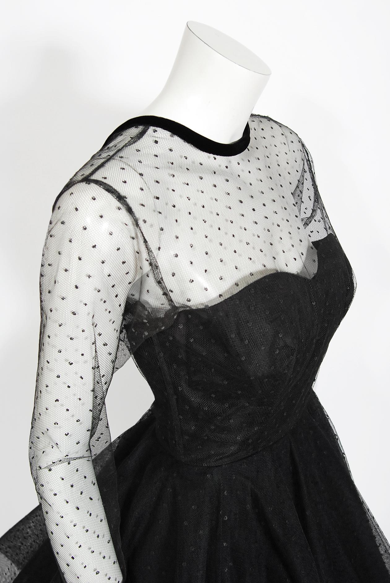 Vintage 1950s Rappi Couture Black Sheer Dotted Tulle Long Sleeve New Look Dress 1