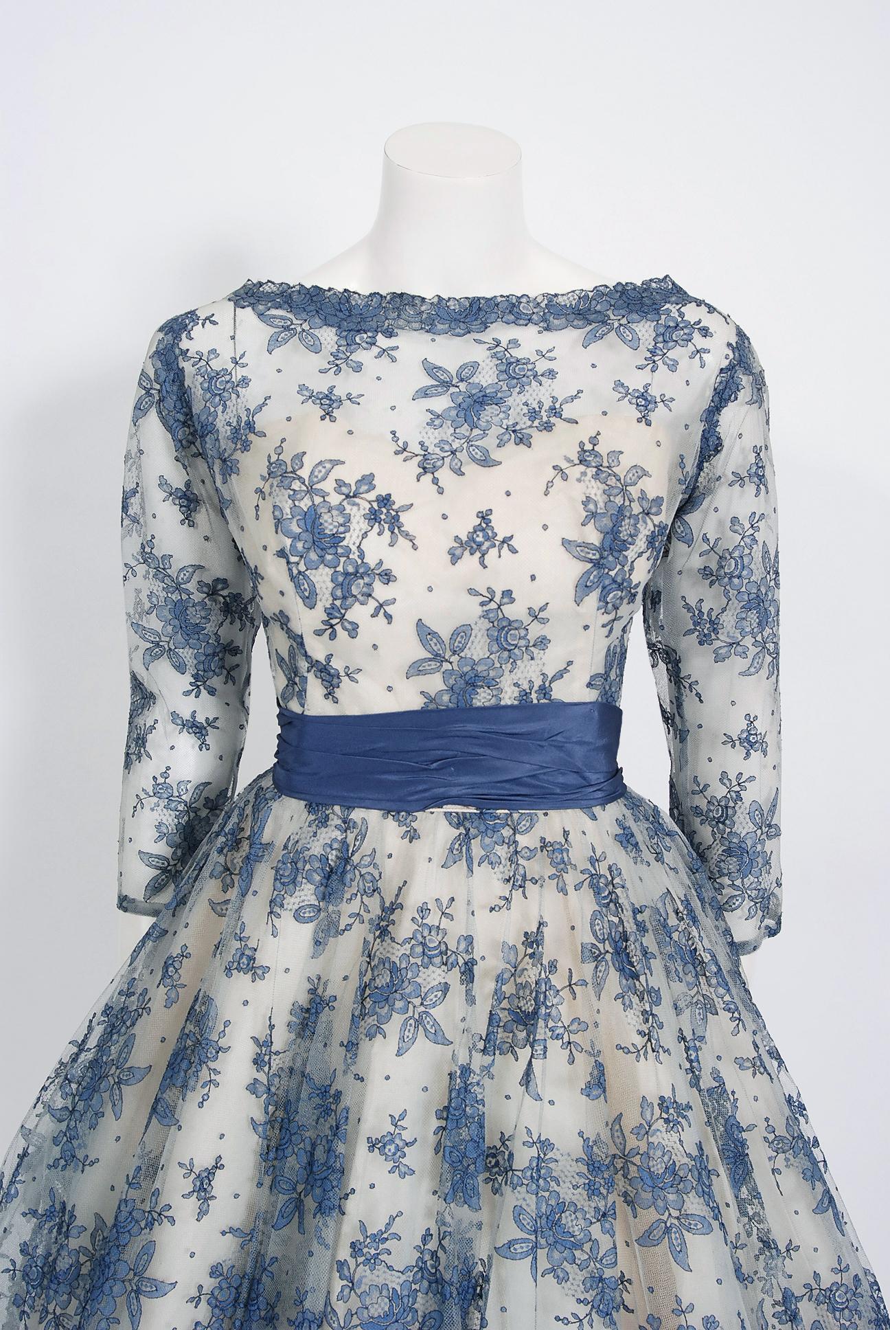 Gorgeous mid-1950's blue and white floral Chantilly-lace party dress by the high-end Rappi label. Rappi was a talented Viennese-born woman named Syd Rappaport who made a name for herself with glamorous formal wear which was much beloved by