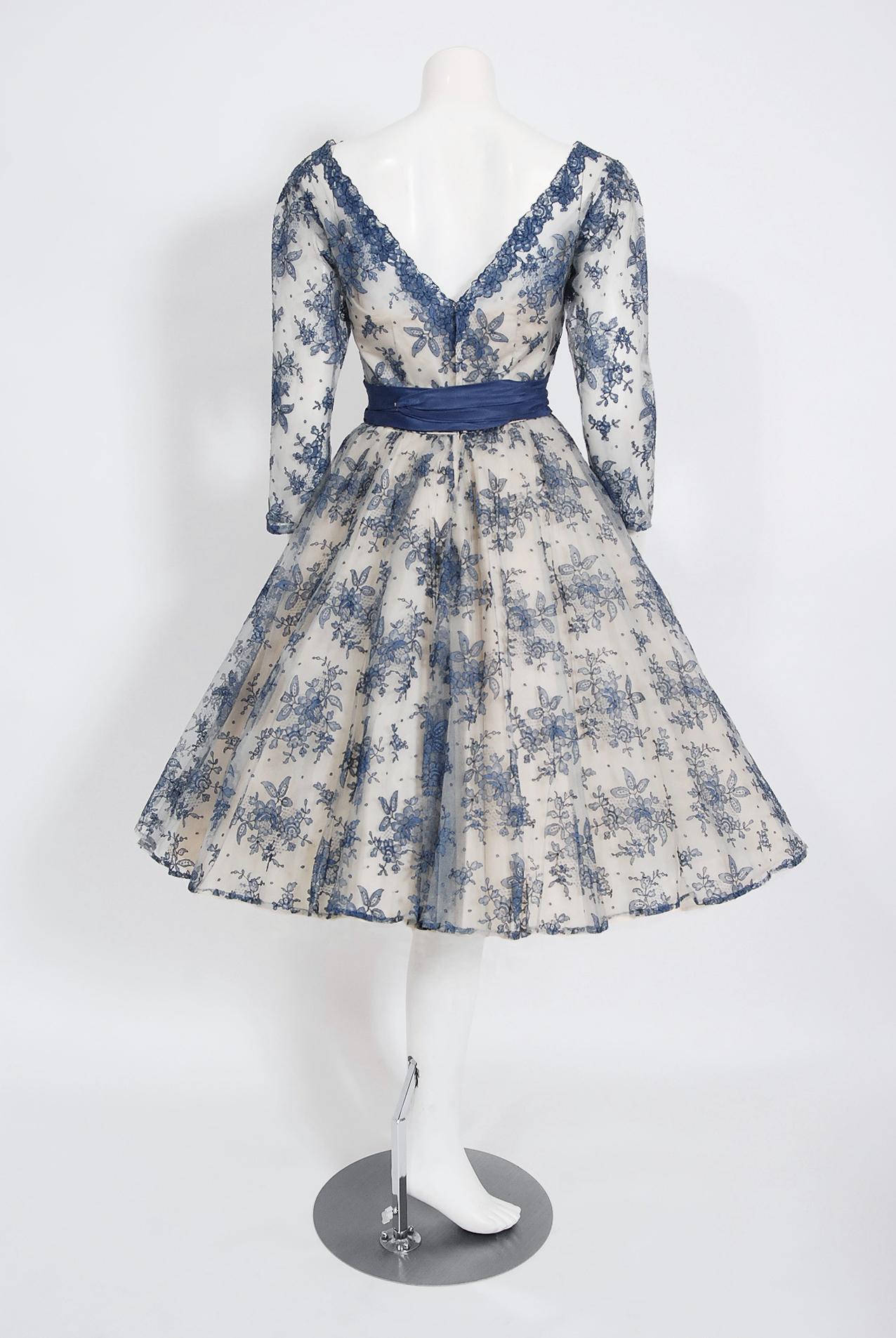 Vintage 1950's Rappi Couture Blue & White Chantilly-Lace Illusion Dress In Good Condition In Beverly Hills, CA