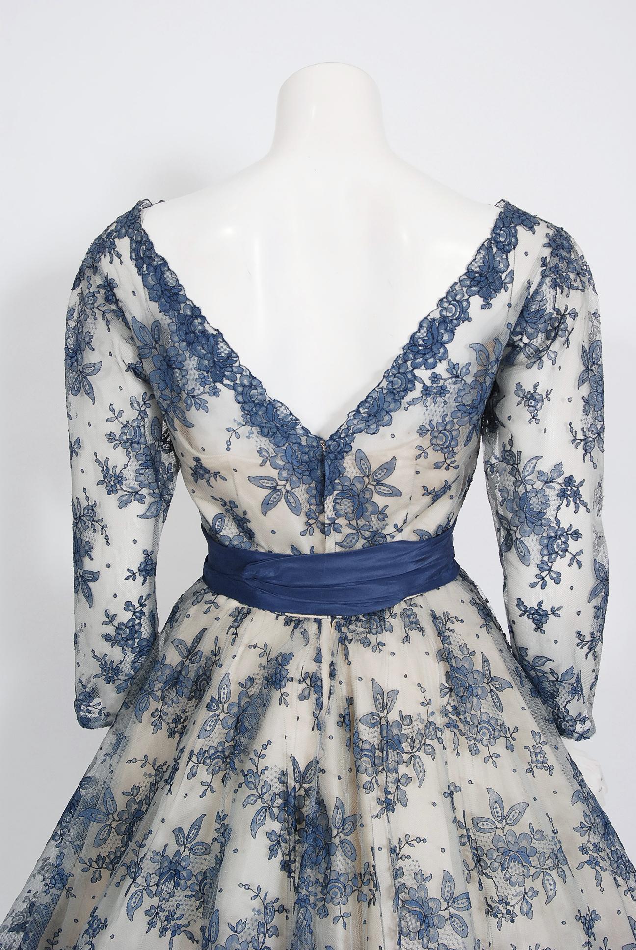 Women's Vintage 1950's Rappi Couture Blue & White Chantilly-Lace Illusion Dress