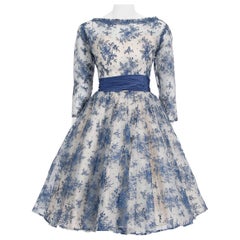 Vintage 1950's Rappi Couture Blue & White Chantilly-Lace Illusion Dress