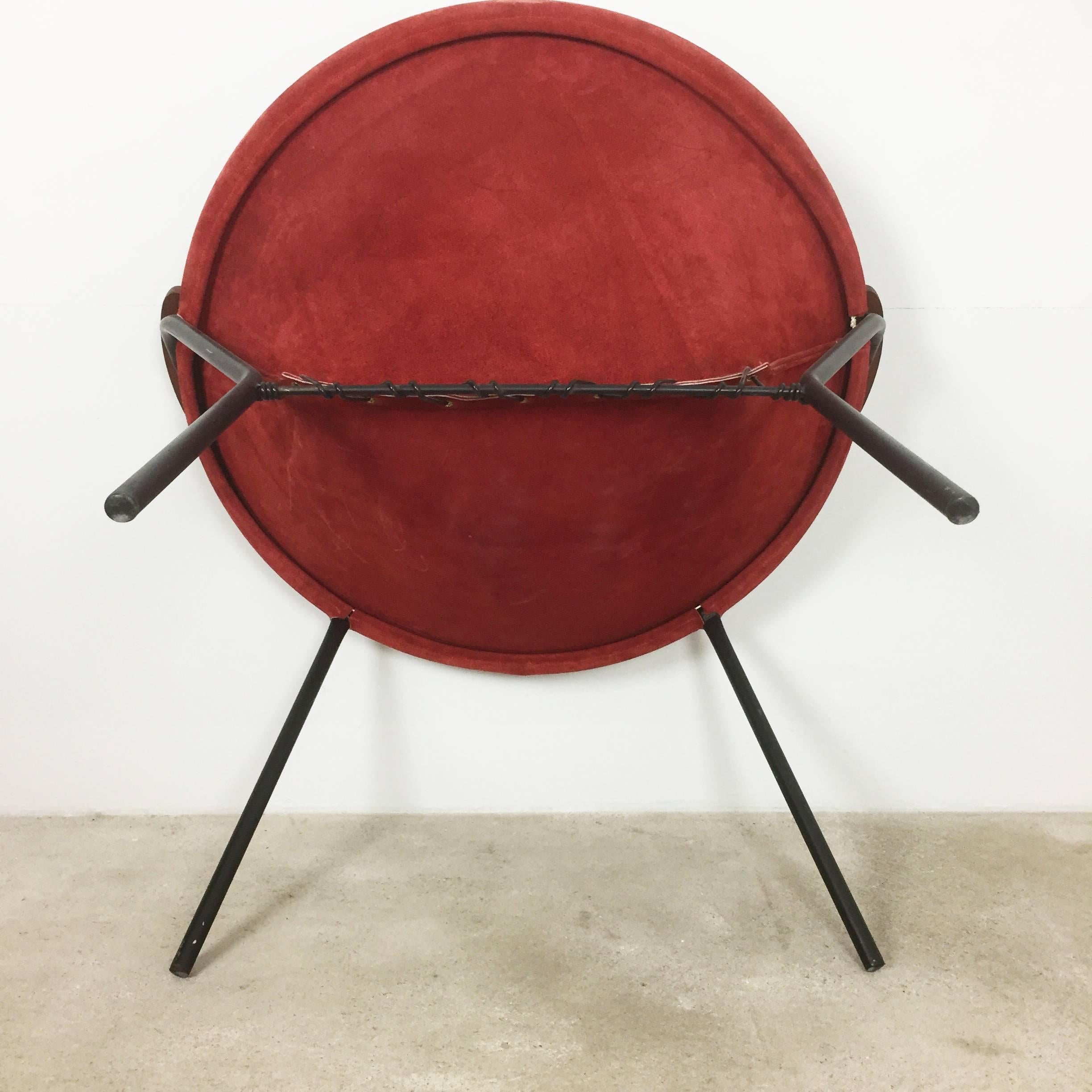 20th Century Vintage 1950s Real Red Leather Balloon Easy Chair by Hans Olsen for LEA, Denmark