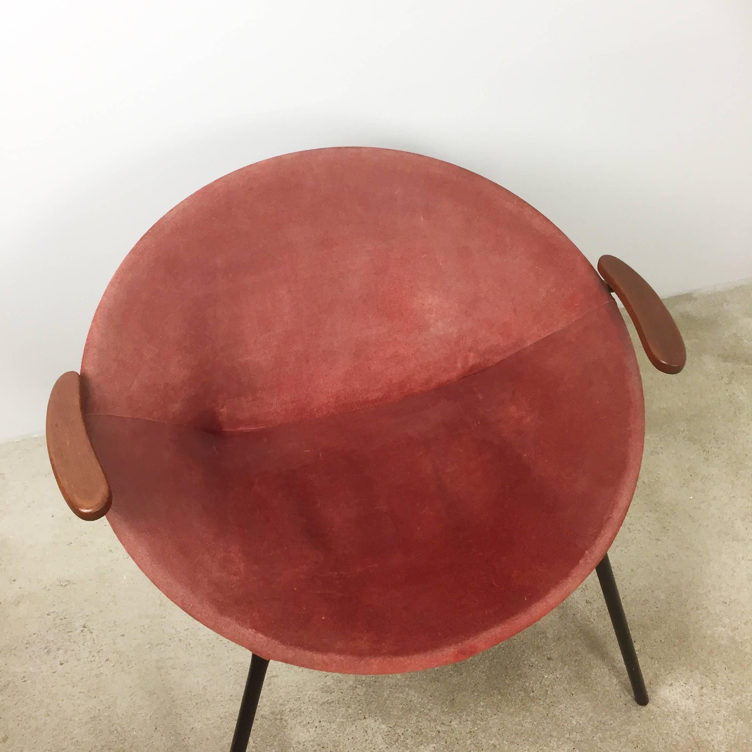 Metal Vintage 1950s Real Red Leather Balloon Easy Chair by Hans Olsen for LEA, Denmark