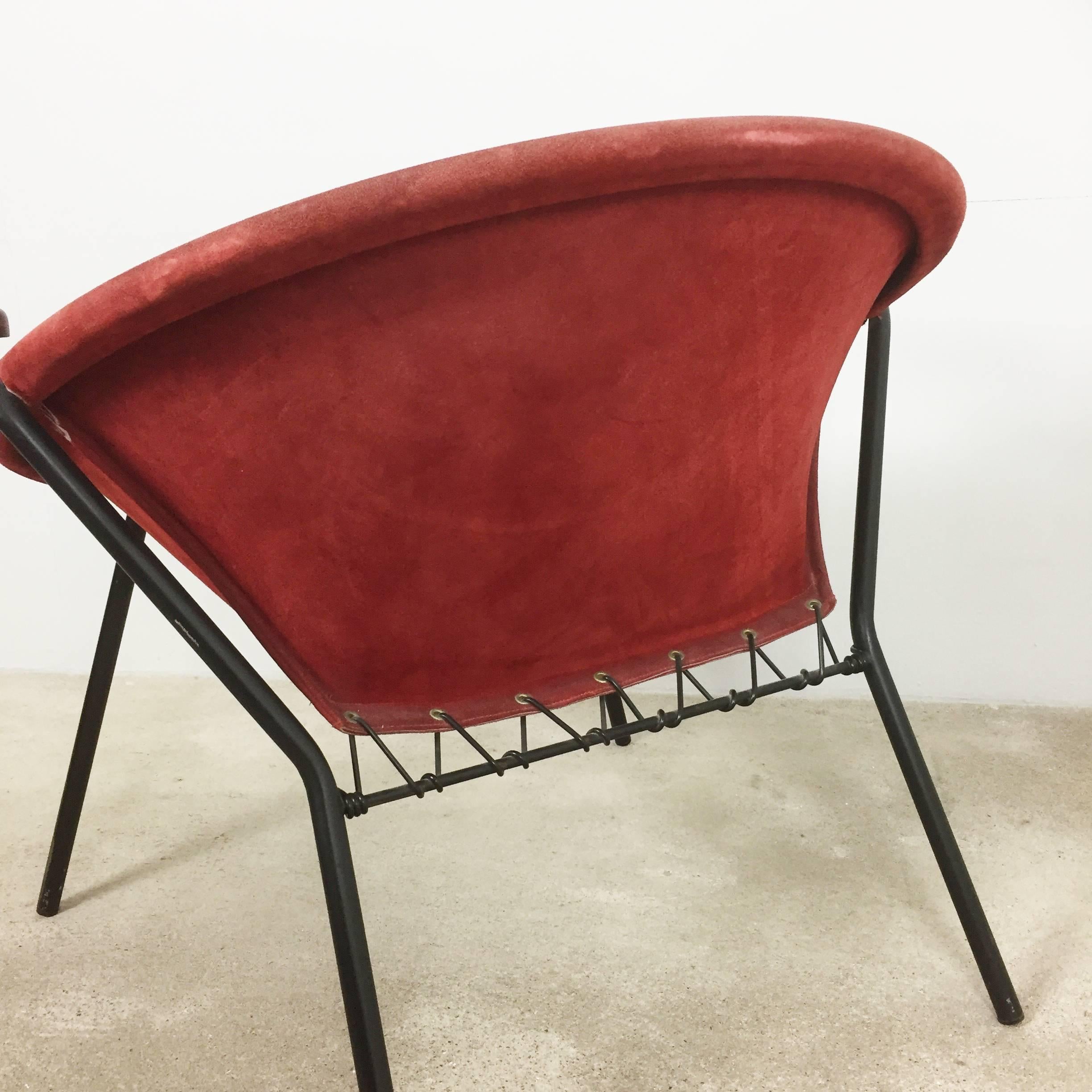 Vintage 1950s Real Red Leather Balloon Easy Chair by Hans Olsen for LEA, Denmark 1