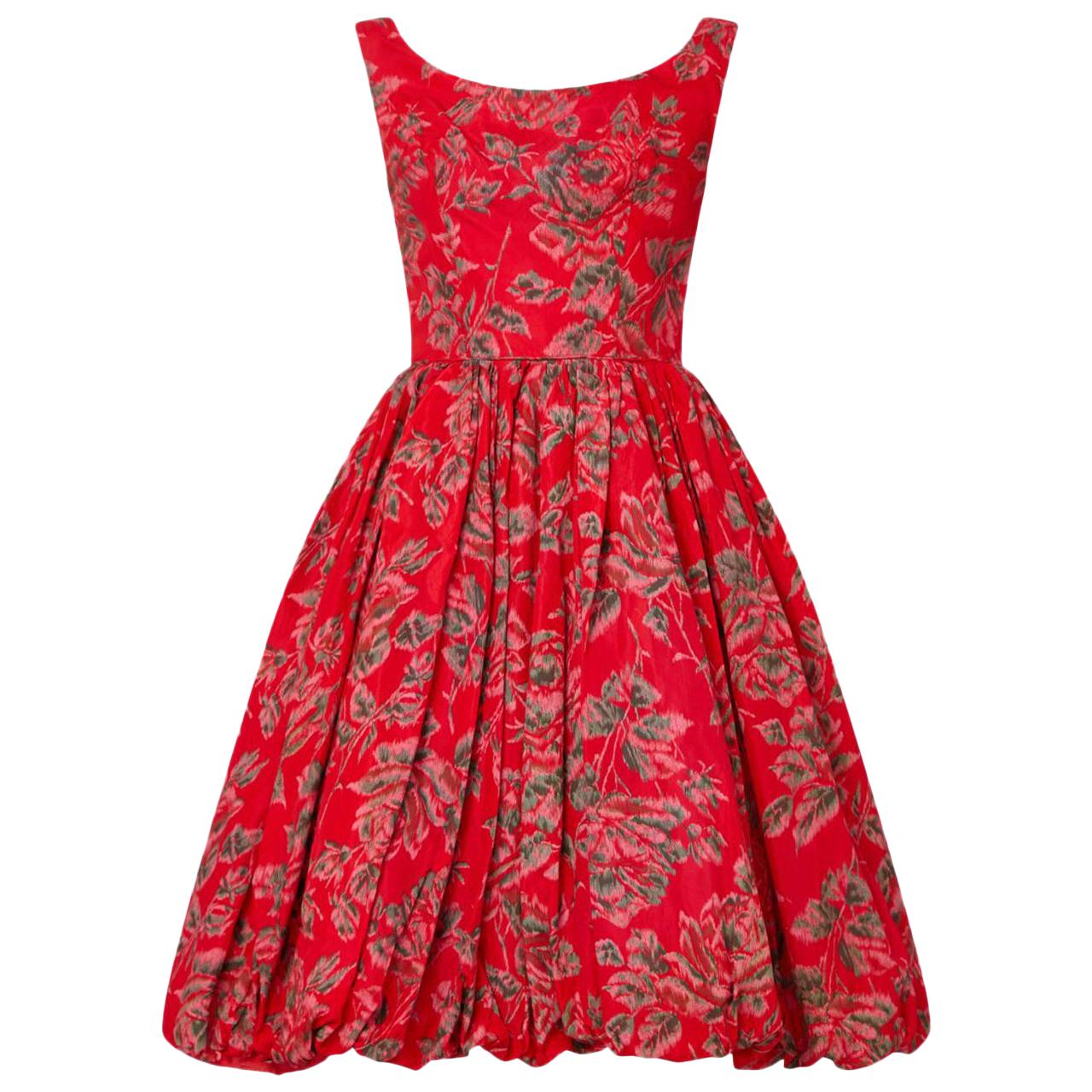 Vintage 1950s Red Floral Rose Print Sleeveless Tulip Dress