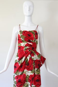 Vintage 1950's Red Floral Silk Pleated Wiggle Dress Cocktail 50s Dress US 2 UK 6