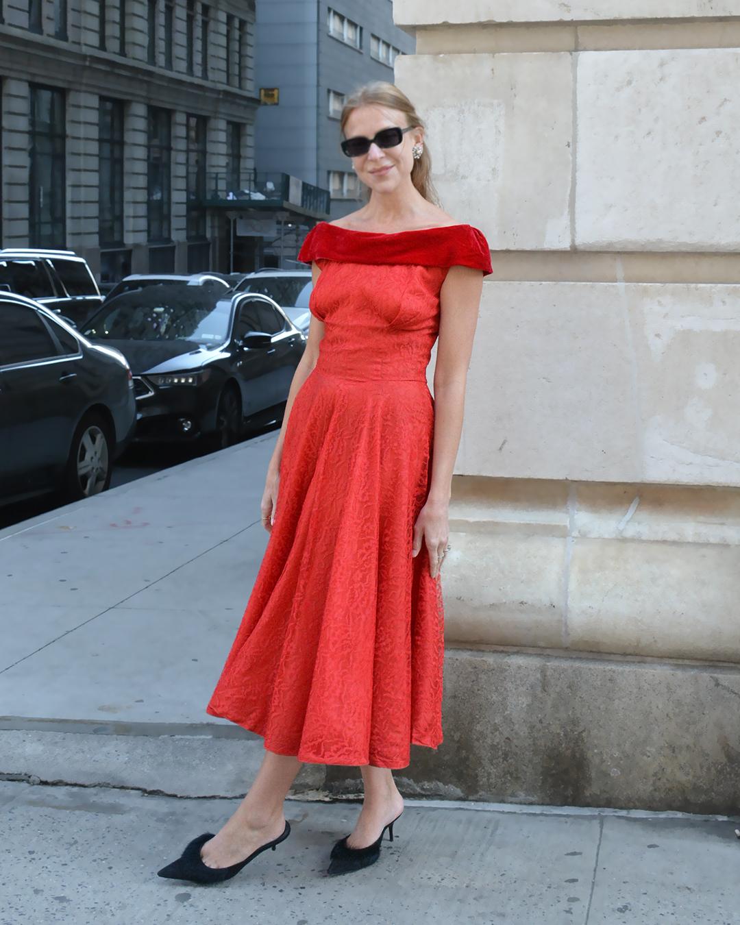 Vintage 1950s Red Lace and Velvet Fit and Flare Dress with Off-the-Shoulder Neck In Good Condition For Sale In New York, NY