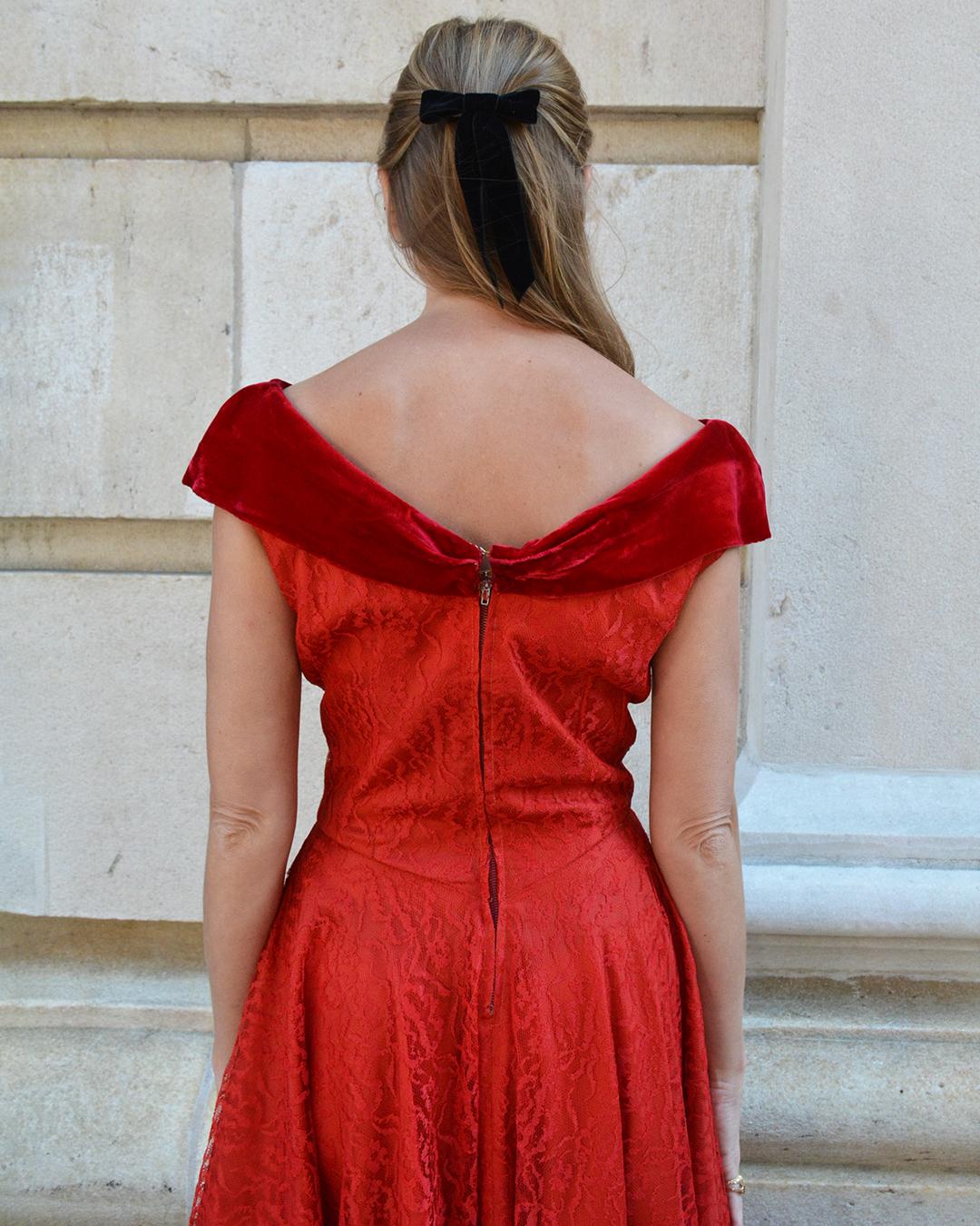 Vintage 1950s Red Lace and Velvet Fit and Flare Dress with Off-the-Shoulder Neck For Sale 1