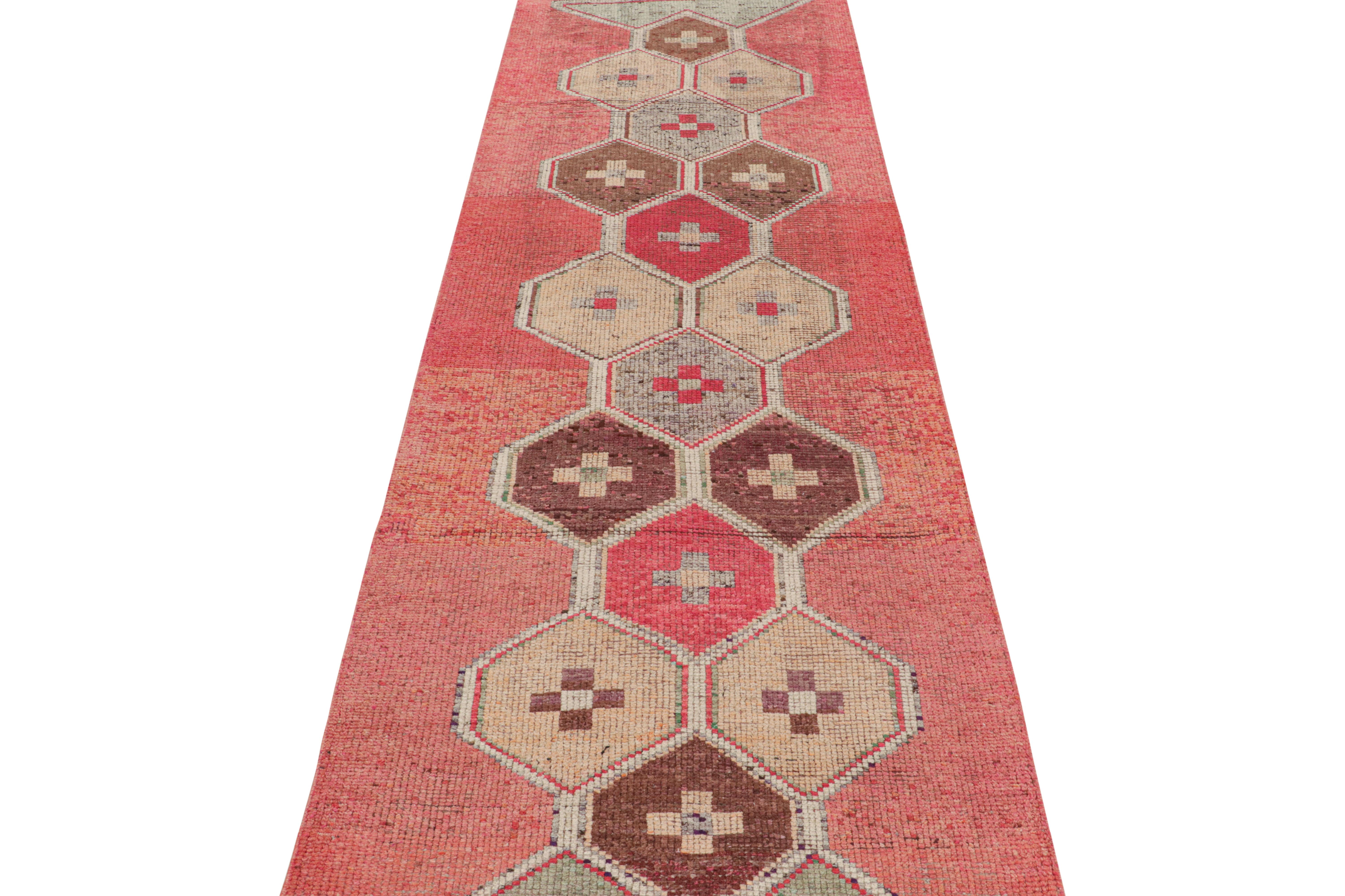 Vintage 1950s Red Runner Beige-Brown Blue Embroidery Pattern by Rug & Kilim In Good Condition For Sale In Long Island City, NY