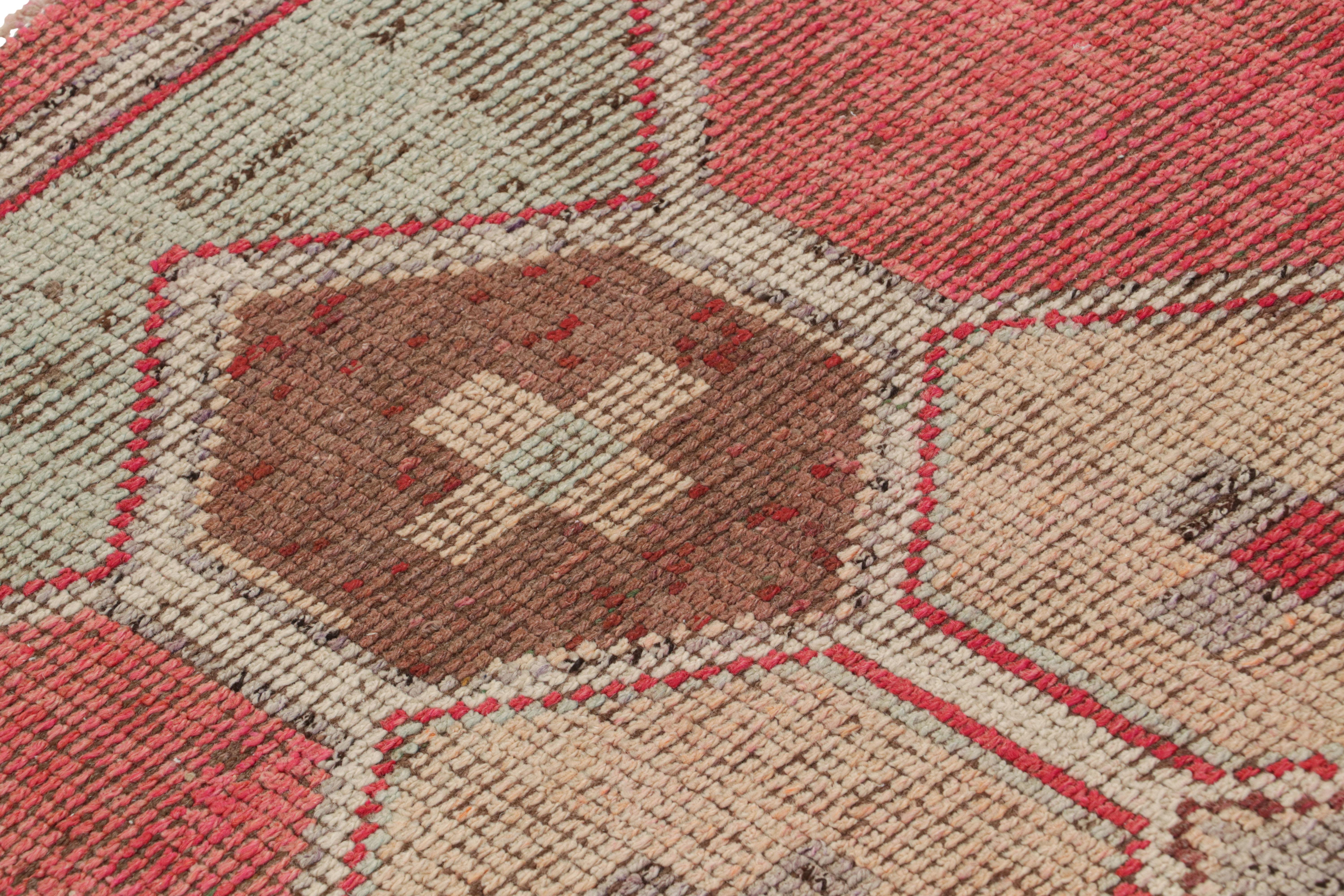Turkish Vintage 1950s Red Runner Beige-Brown Blue Embroidery Pattern by Rug & Kilim For Sale