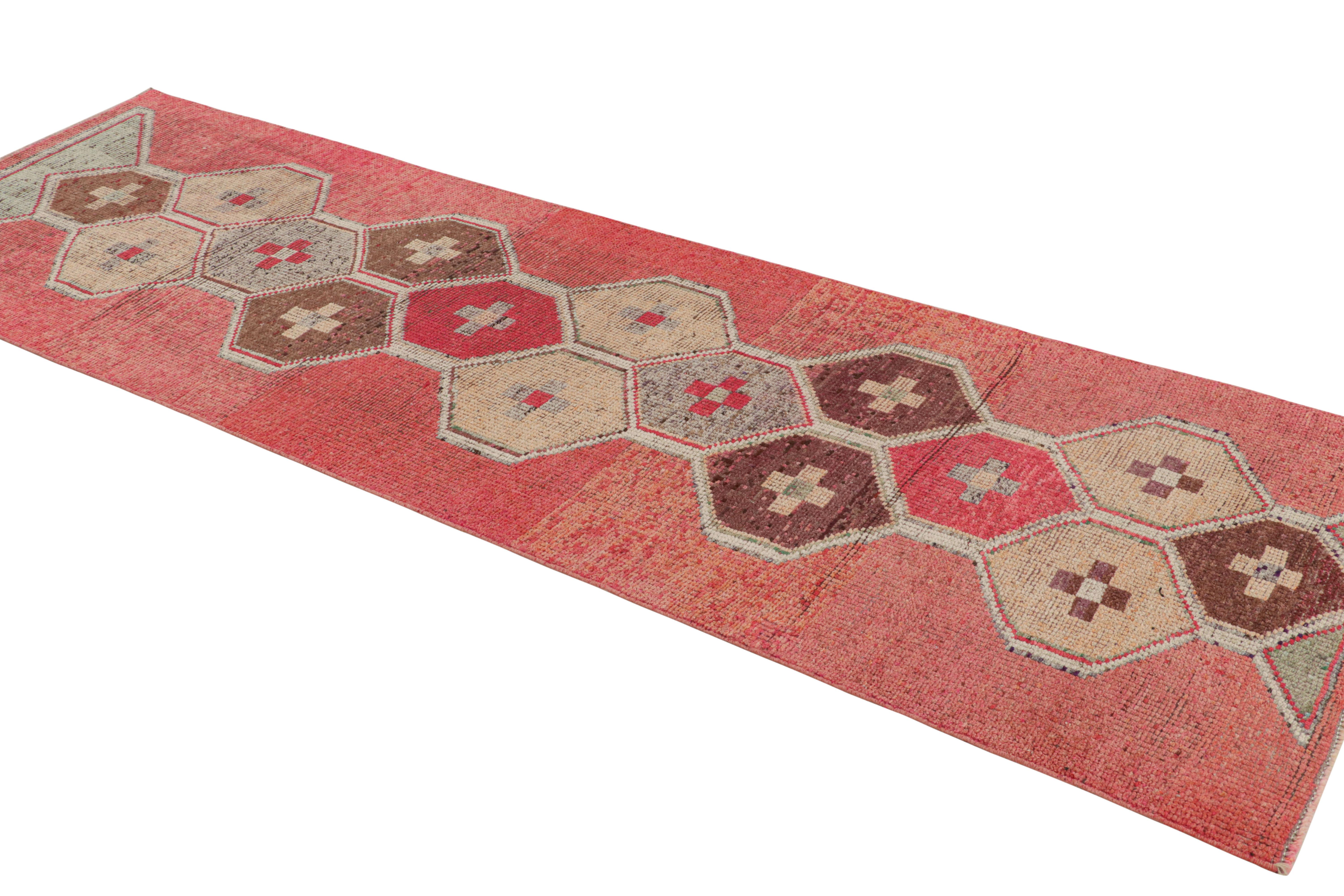 Hand-Woven Vintage 1950s Red Runner Beige-Brown Blue Embroidery Pattern by Rug & Kilim For Sale