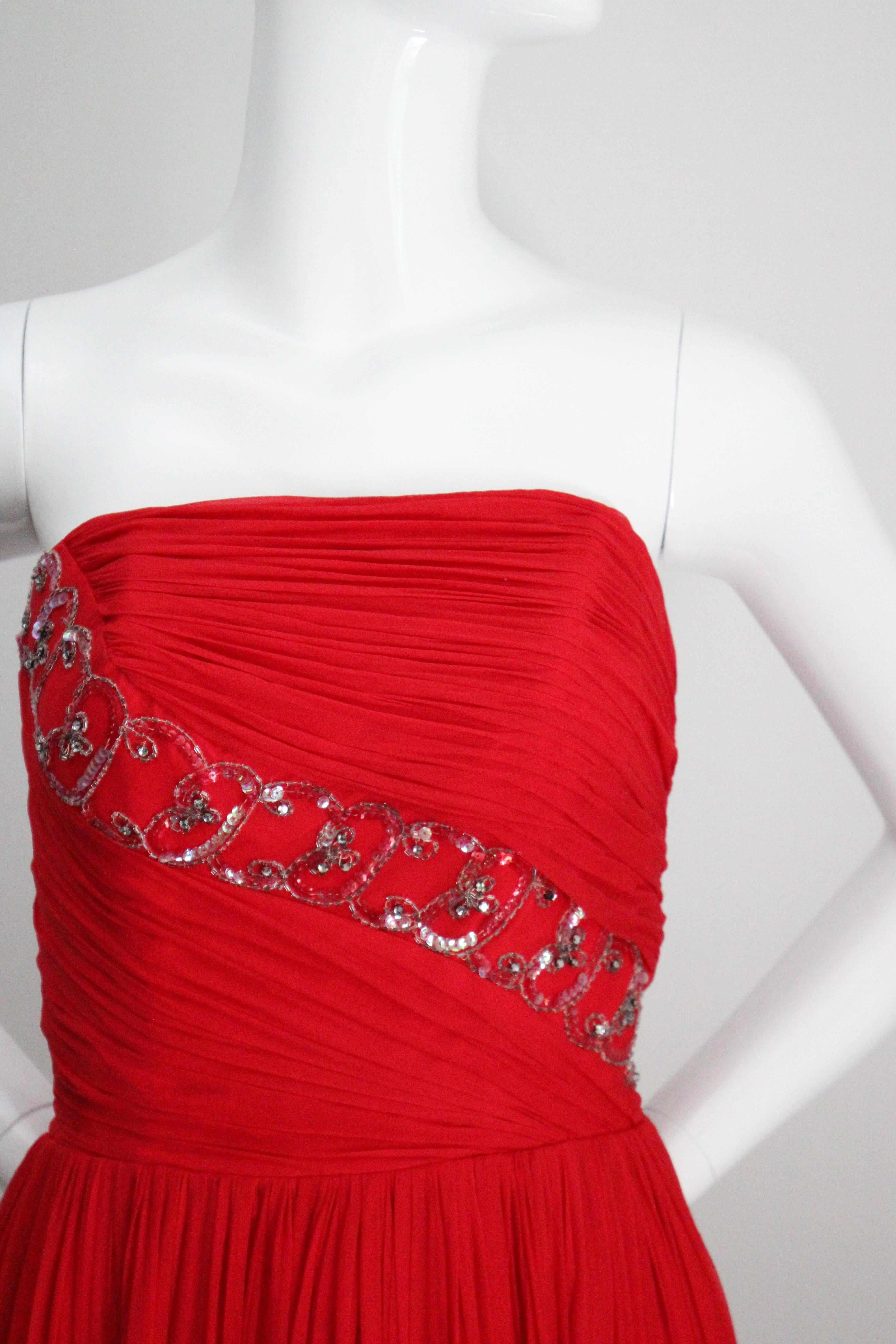 Women's Vintage 1950's Red Silk Strapless Cocktail dress 1950 beaded dress UK 1-4 US 0-2 For Sale