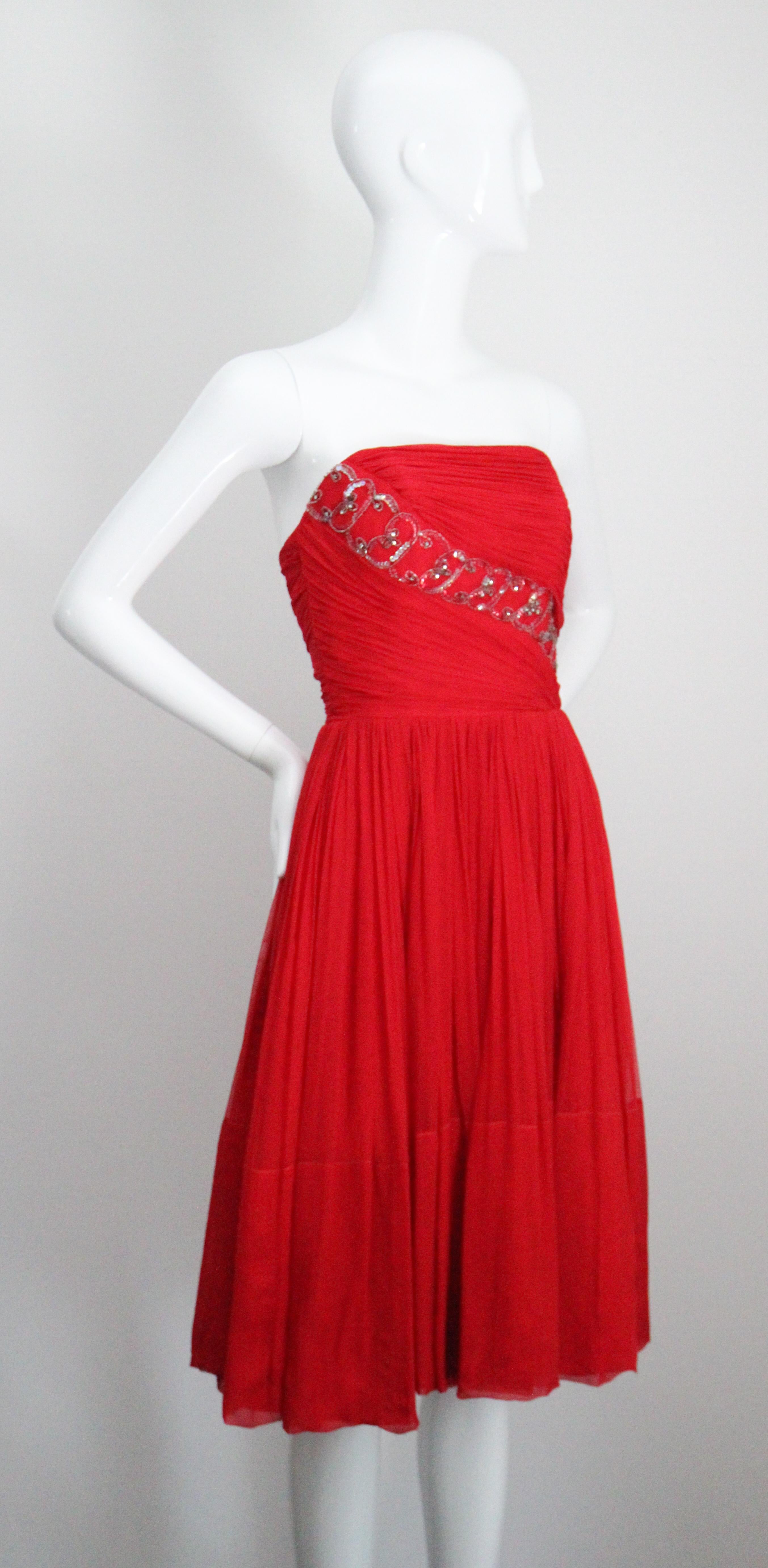 Vintage 1950's Red Silk Strapless Cocktail dress 1950 beaded dress UK 1-4 US 0-2 For Sale 1