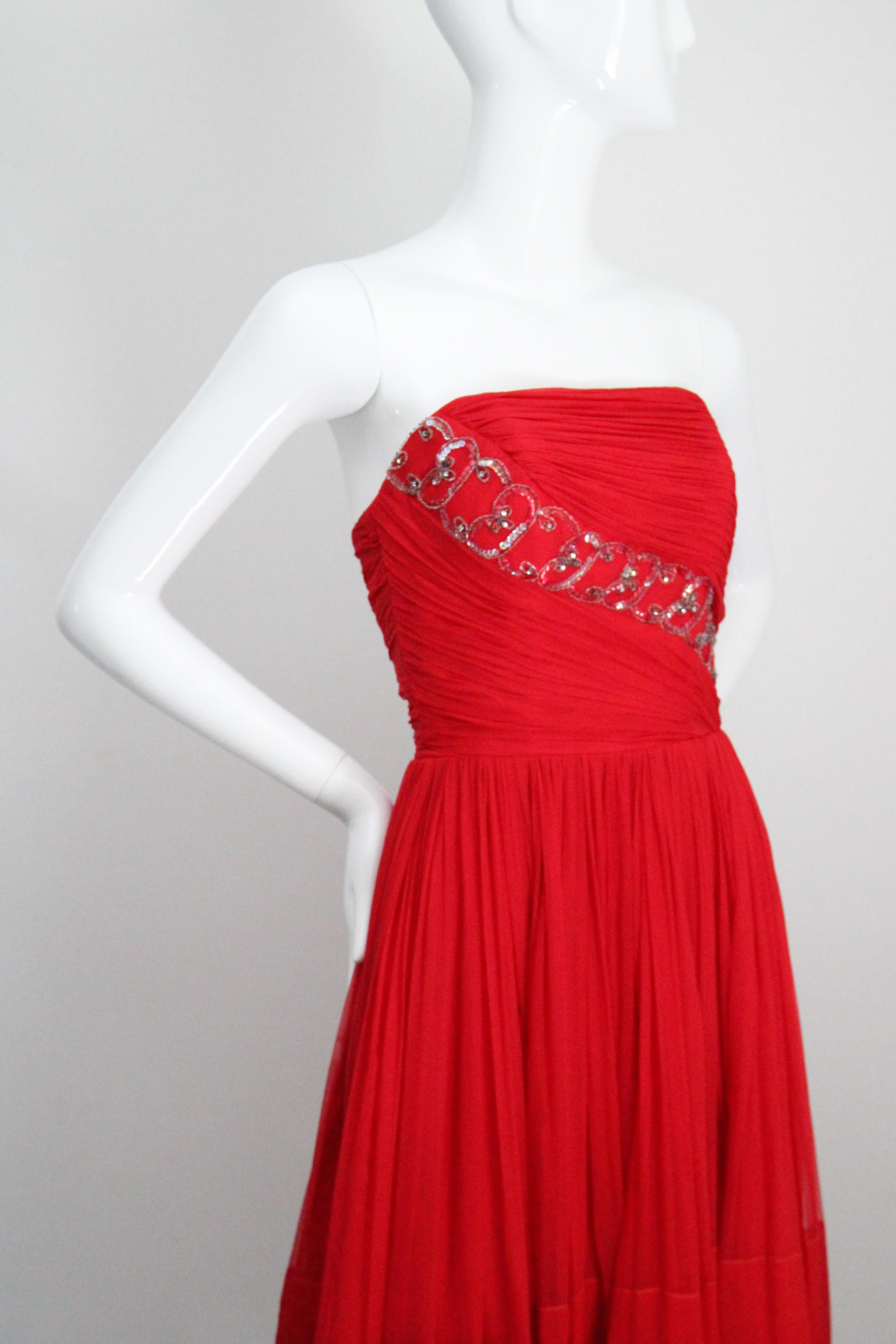 Vintage 1950's Red Silk Strapless Cocktail dress 1950 beaded dress UK 1-4 US 0-2 For Sale 2