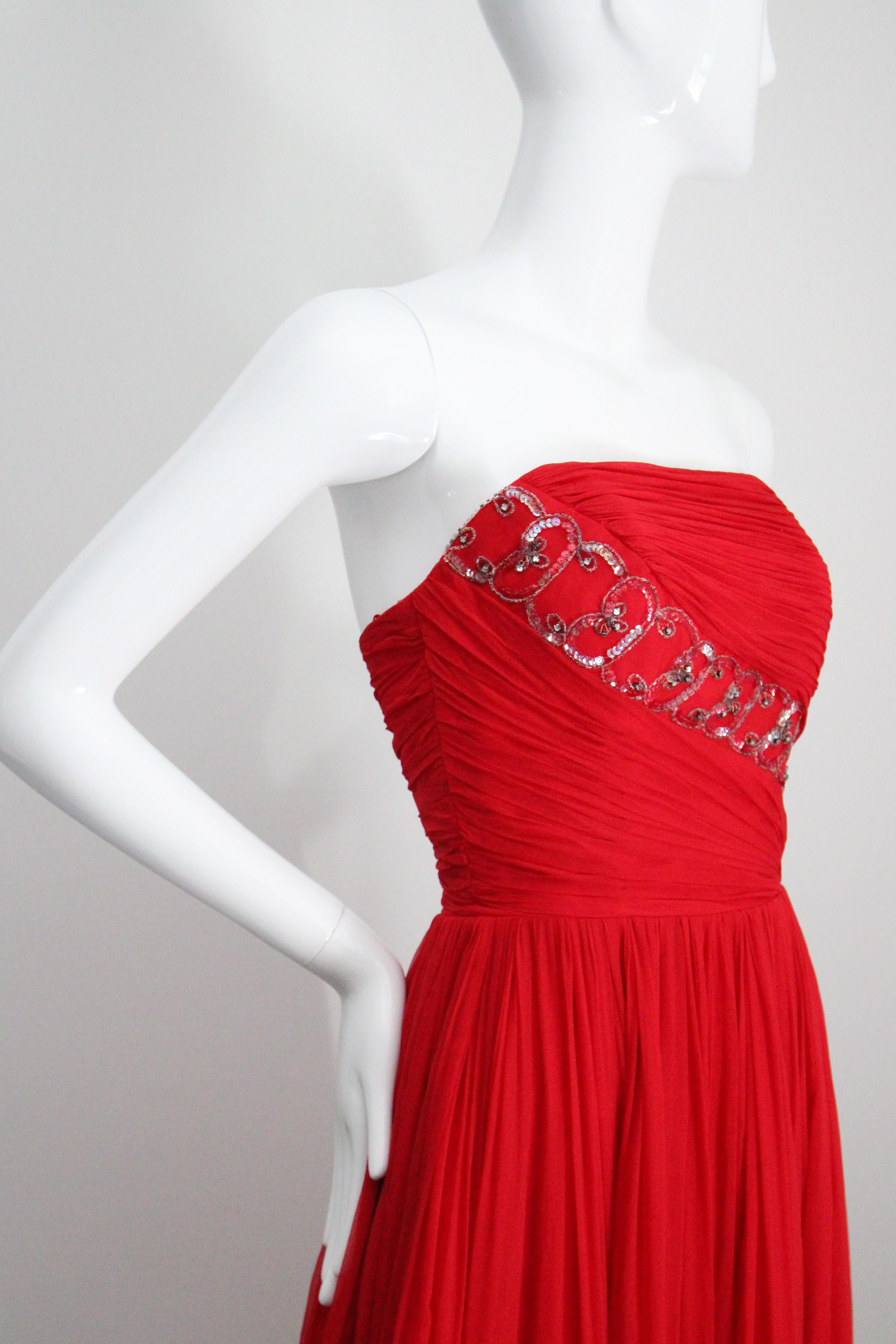 Vintage 1950's Red Silk Strapless Cocktail dress 1950 beaded dress UK 1-4 US 0-2 For Sale 3