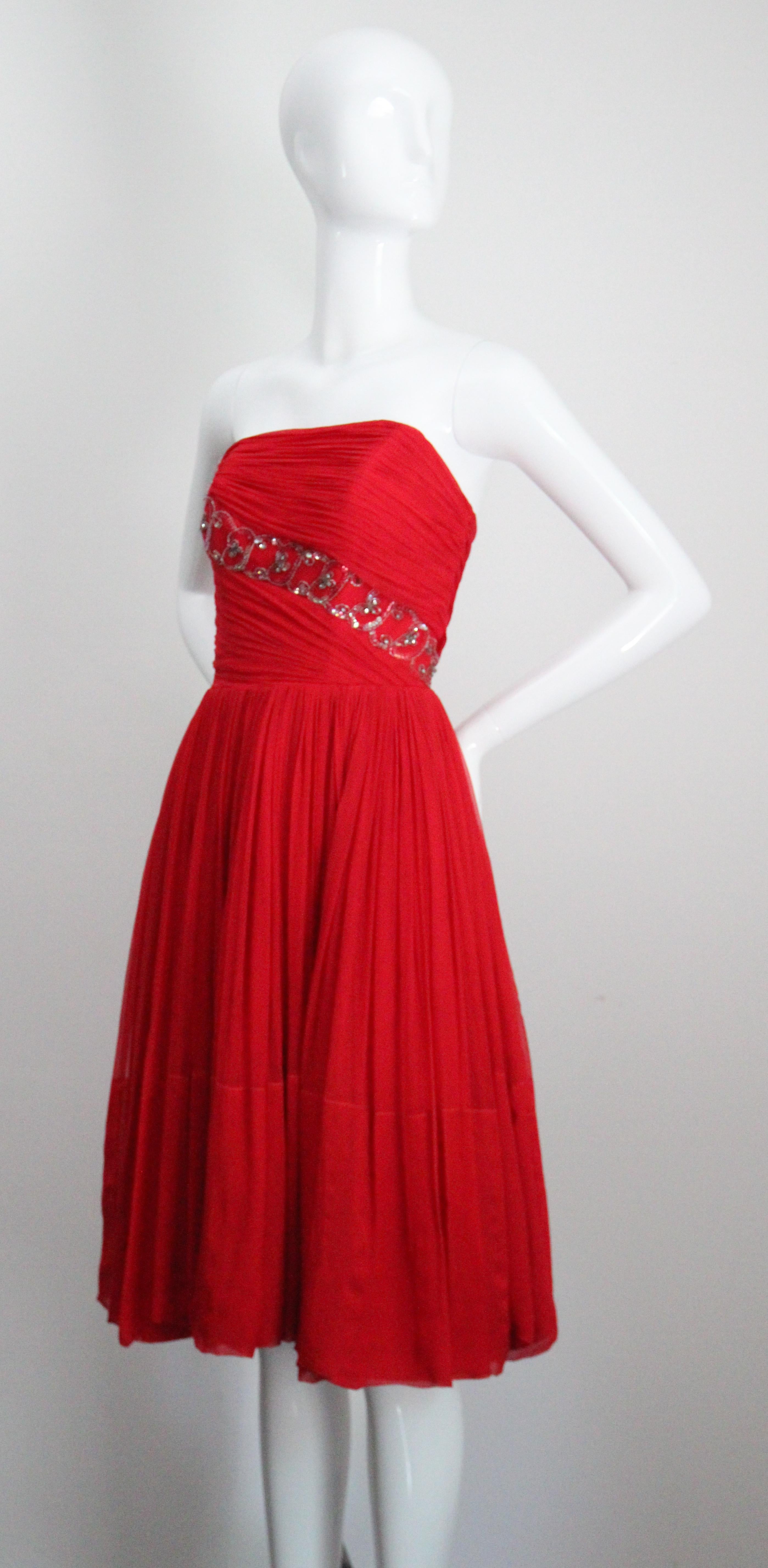 Vintage 1950's Red Silk Strapless Cocktail dress 1950 beaded dress UK 1-4 US 0-2 For Sale 4
