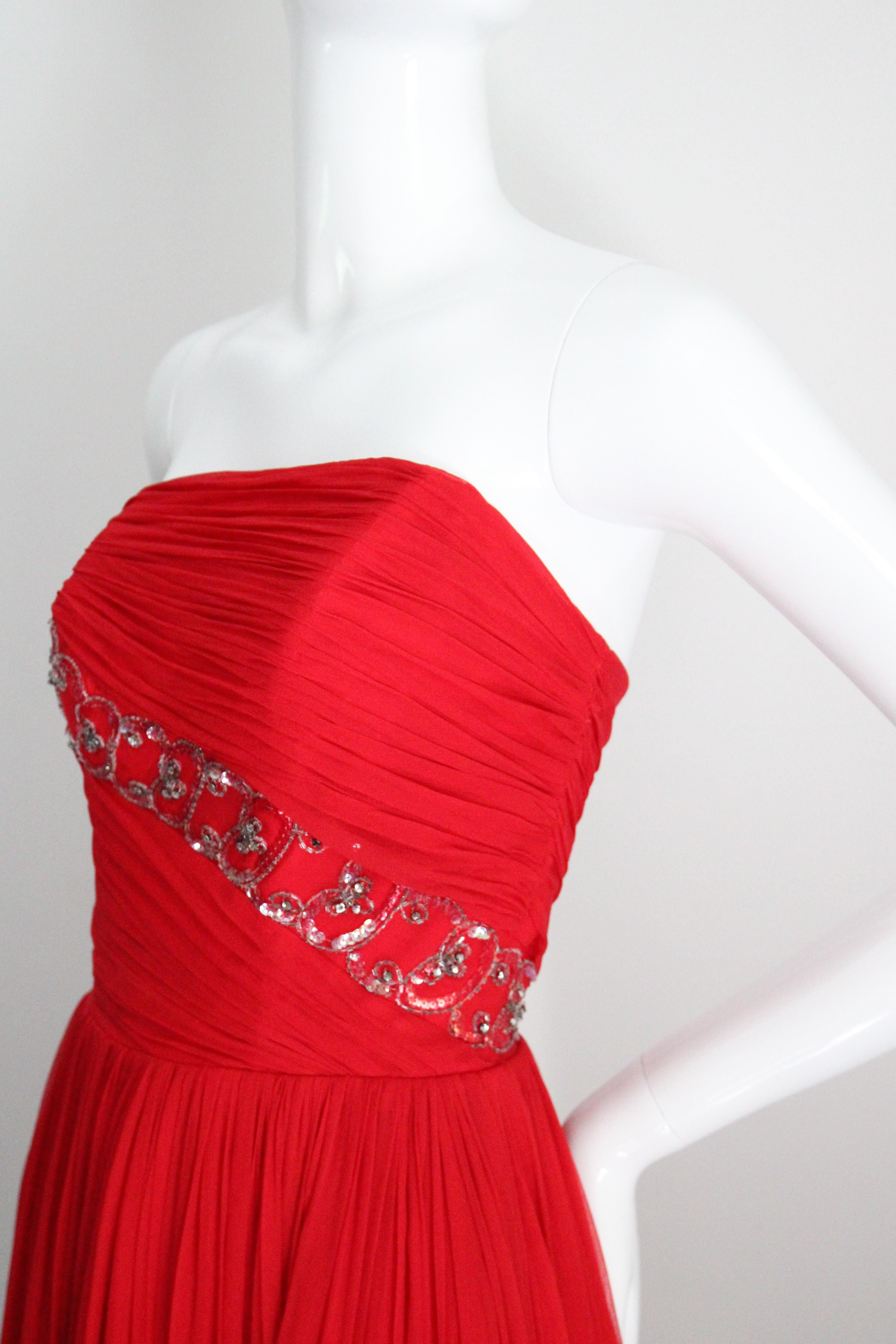 Vintage 1950's Red Silk Strapless Cocktail dress 1950 beaded dress UK 1-4 US 0-2 For Sale 5