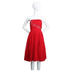 Vintage 1950's Red Silk Strapless Cocktail dress 1950 beaded dress UK 1-4 US 0-2