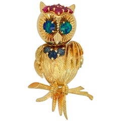 Vintage 1950s Retro Brooch Pin Italy Gold Owl Natural Opal, Ruby, Sapphire
