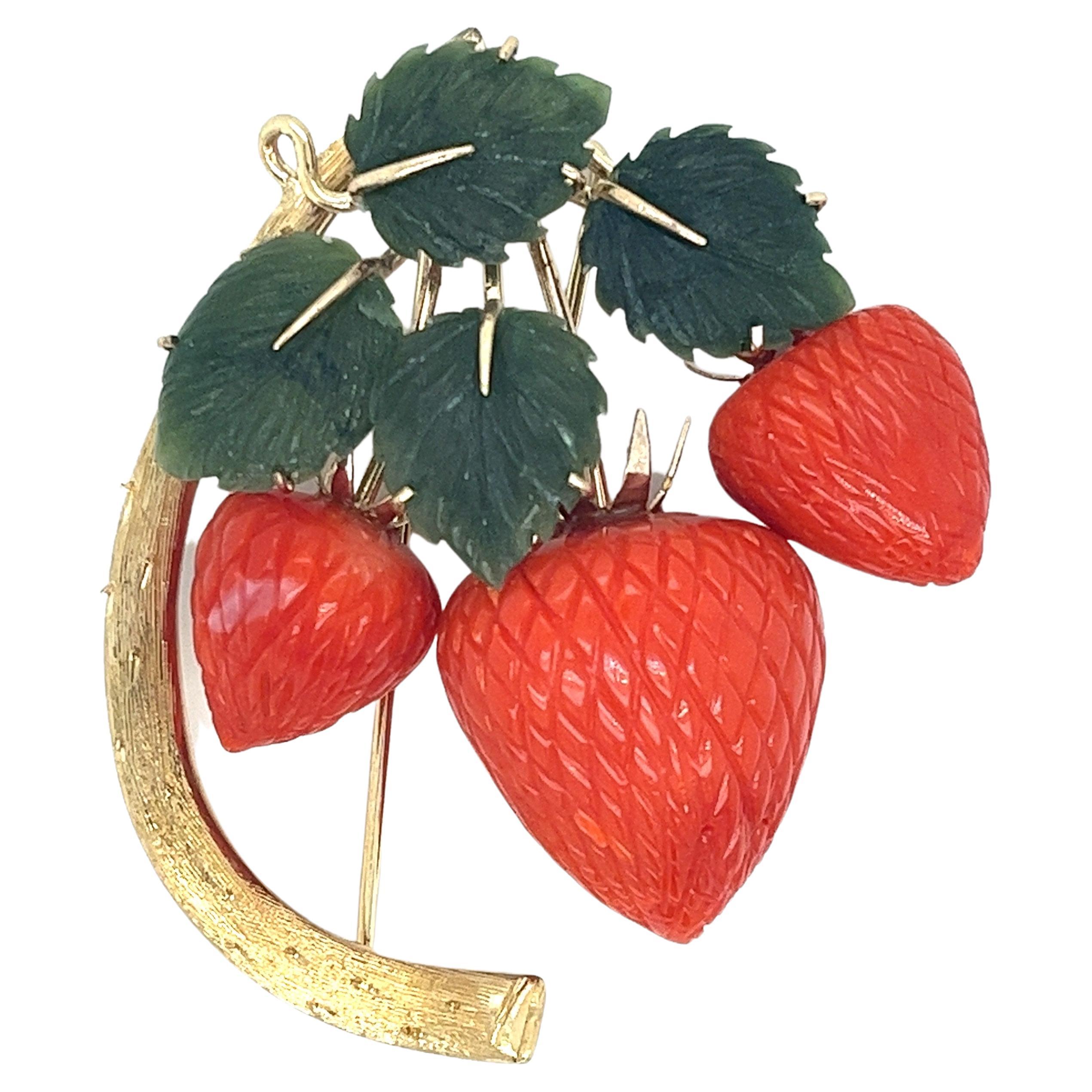 Vintage 1950s Retro Brooch with Natural Coral Strawberries & Jade Leafs