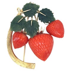 Vintage 1950s Retro Brooch with Natural Coral Strawberries & Jade Leafs