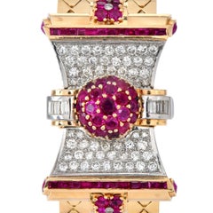 Vintage 1950s Retro Diamond Ruby Hidden 14K Gold Watch