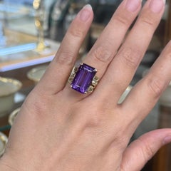 Vintage 1950's Retro Emerald Cut Amethyst Statement Ring 14k Yellow Gold
