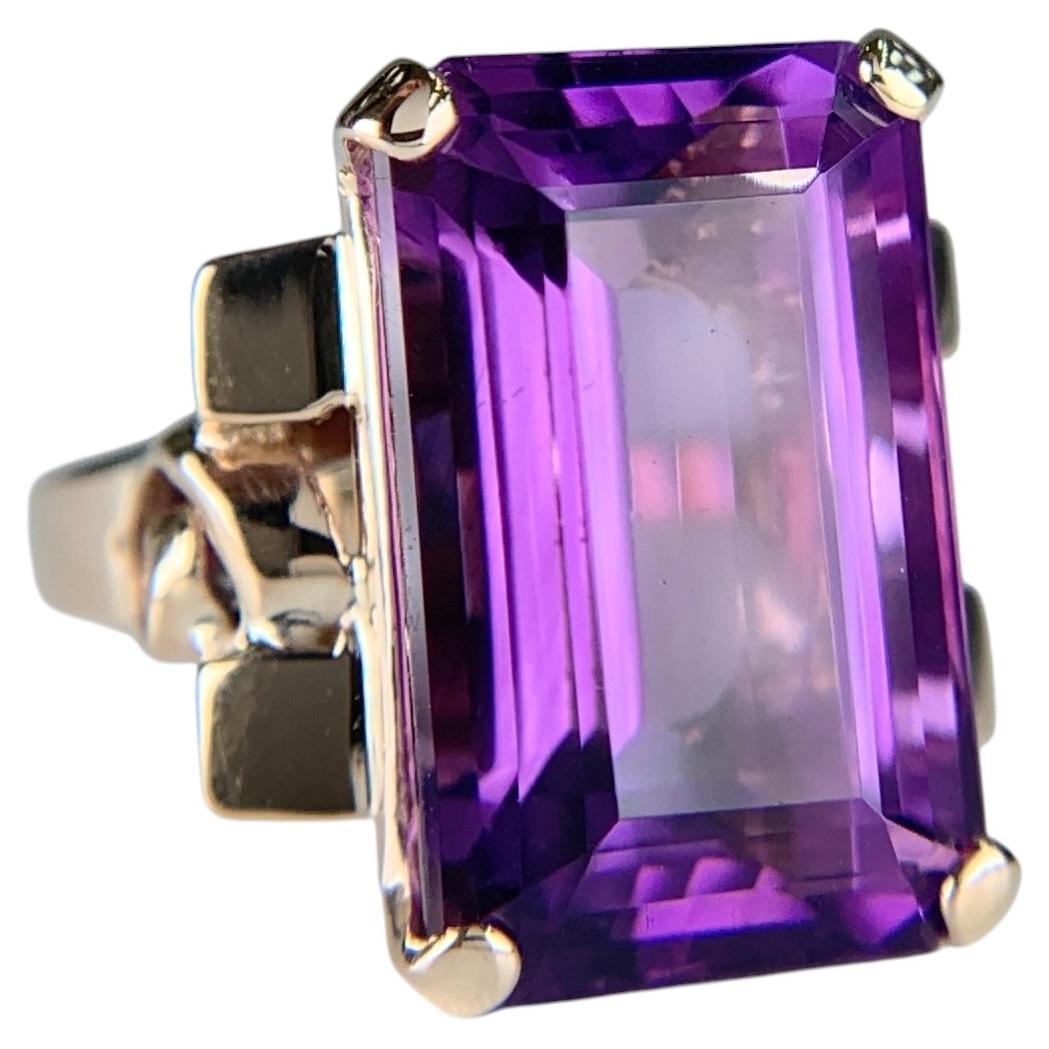 Vintage 1950's Retro Emerald Cut Amethyst Statement Ring 14k Yellow Gold