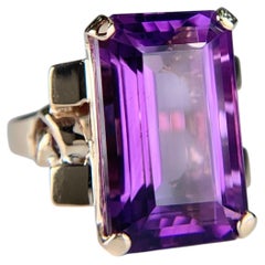 Vintage 1950's Retro Emerald Cut Amethyst Statement Ring 14k Yellow Gold
