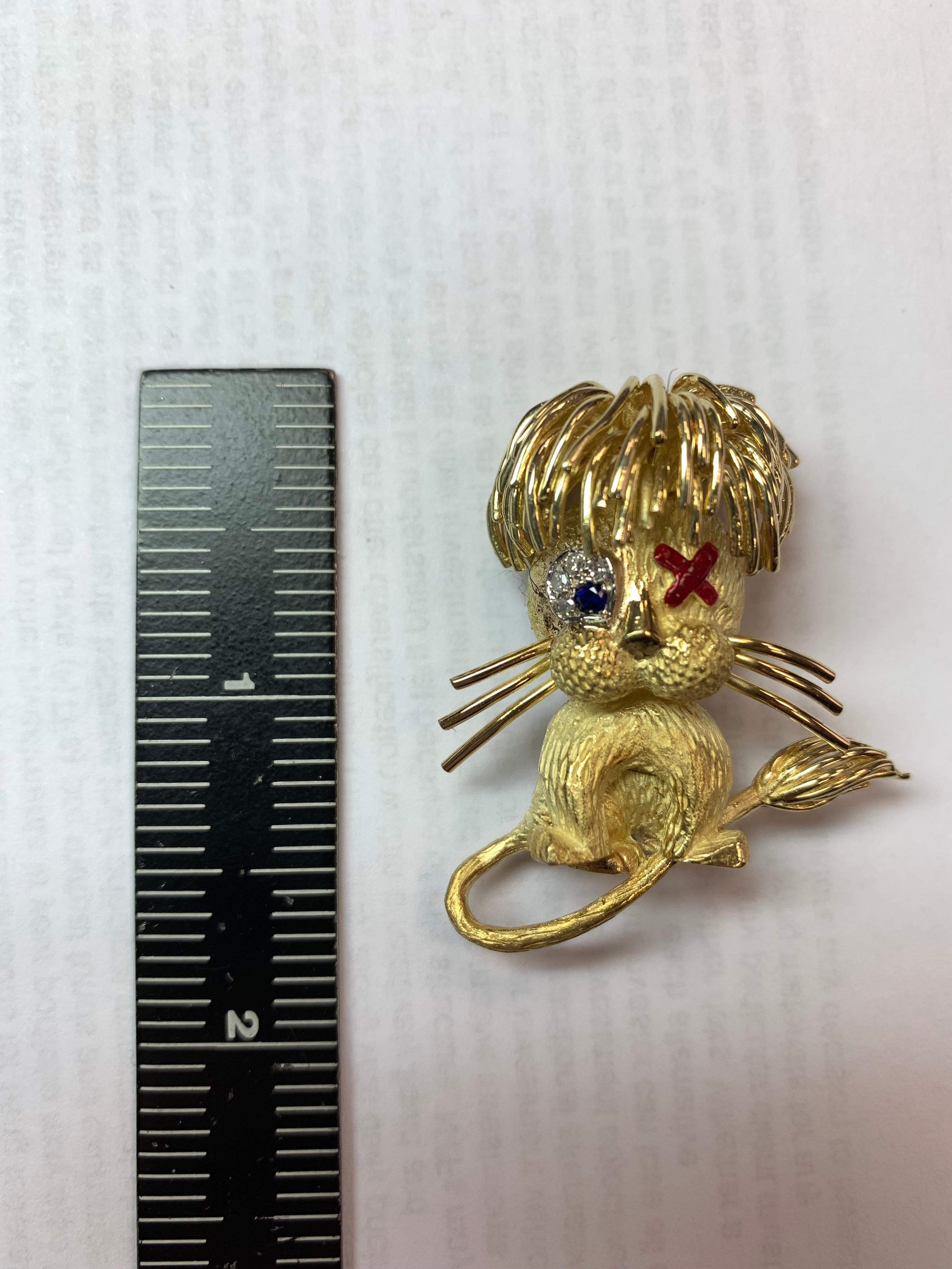 Vintage 1950s Retro Gold Brooch Pin CAT Natural Diamond Sapphire Enamel Kitten For Sale 4