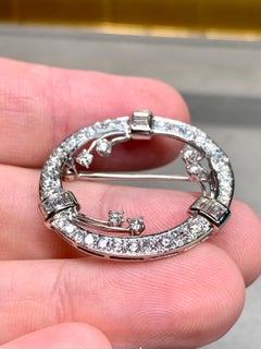 Vintage 1950’s Retro Platinum Baguette Round Diamond Circle Pin G Vs