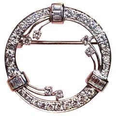 Vintage 1950’s Retro Platinum Baguette Round Diamond Circle Pin G Vs