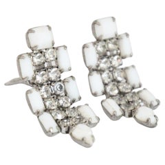 Vintage 1950s Rhinestone and Milk Glass Weiss Clip on Earrings 1950s Weiss
