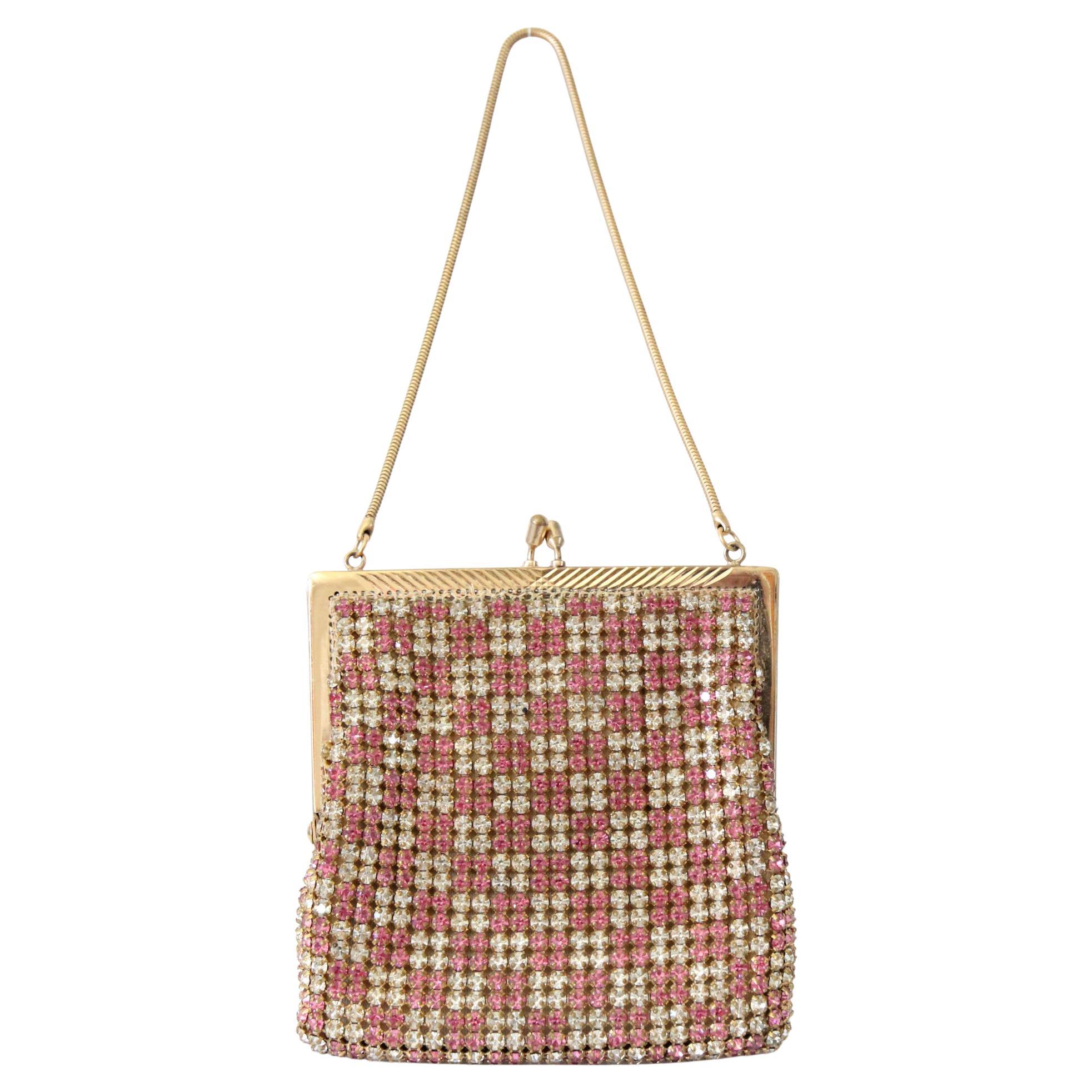 Vintage 1950s Rhinestone Cocktail bag 1950s rhinestone evening purse pink silver For Sale