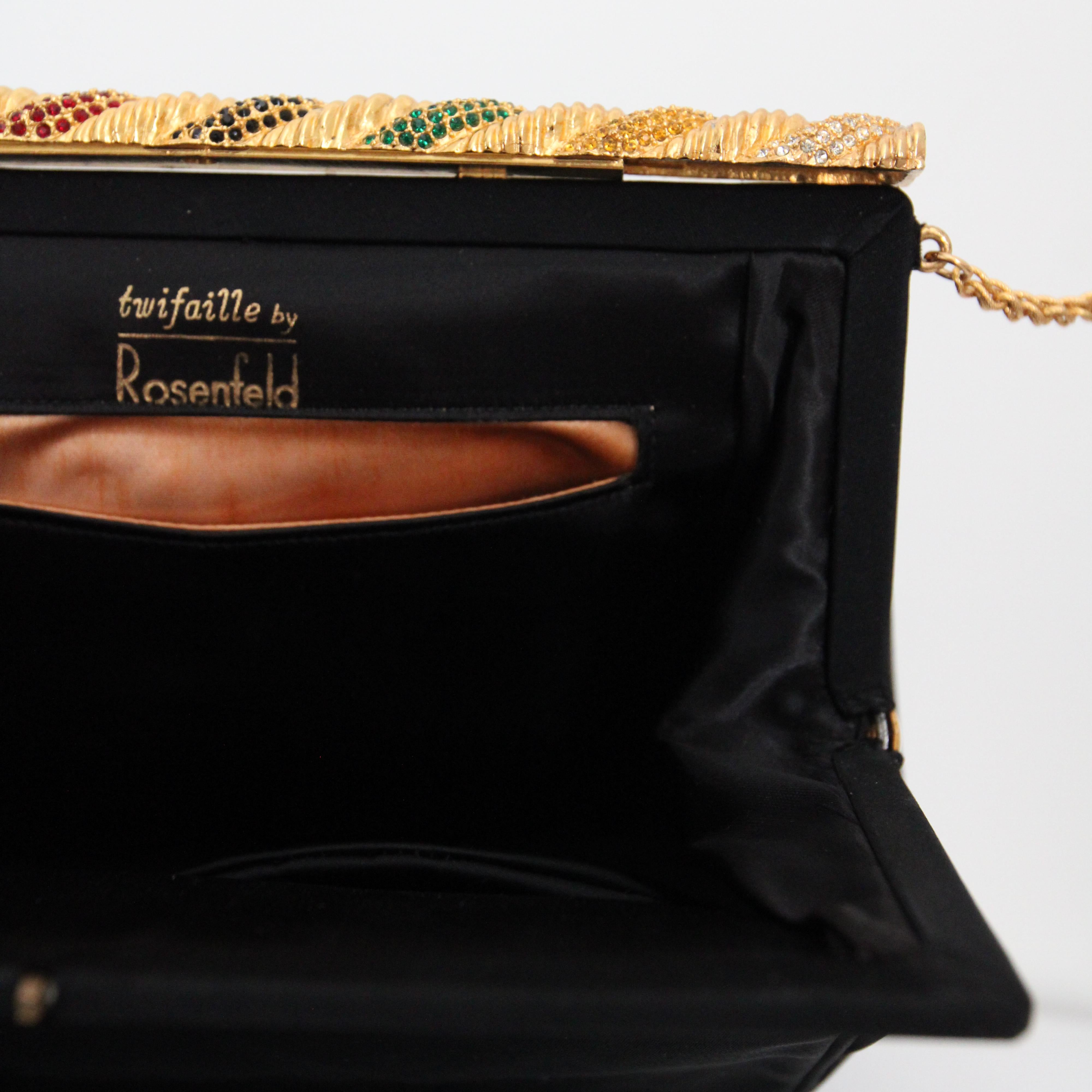 Women's or Men's Vintage 1950's rhinestone handbag 1950's black satin rhinestone clasp handbag