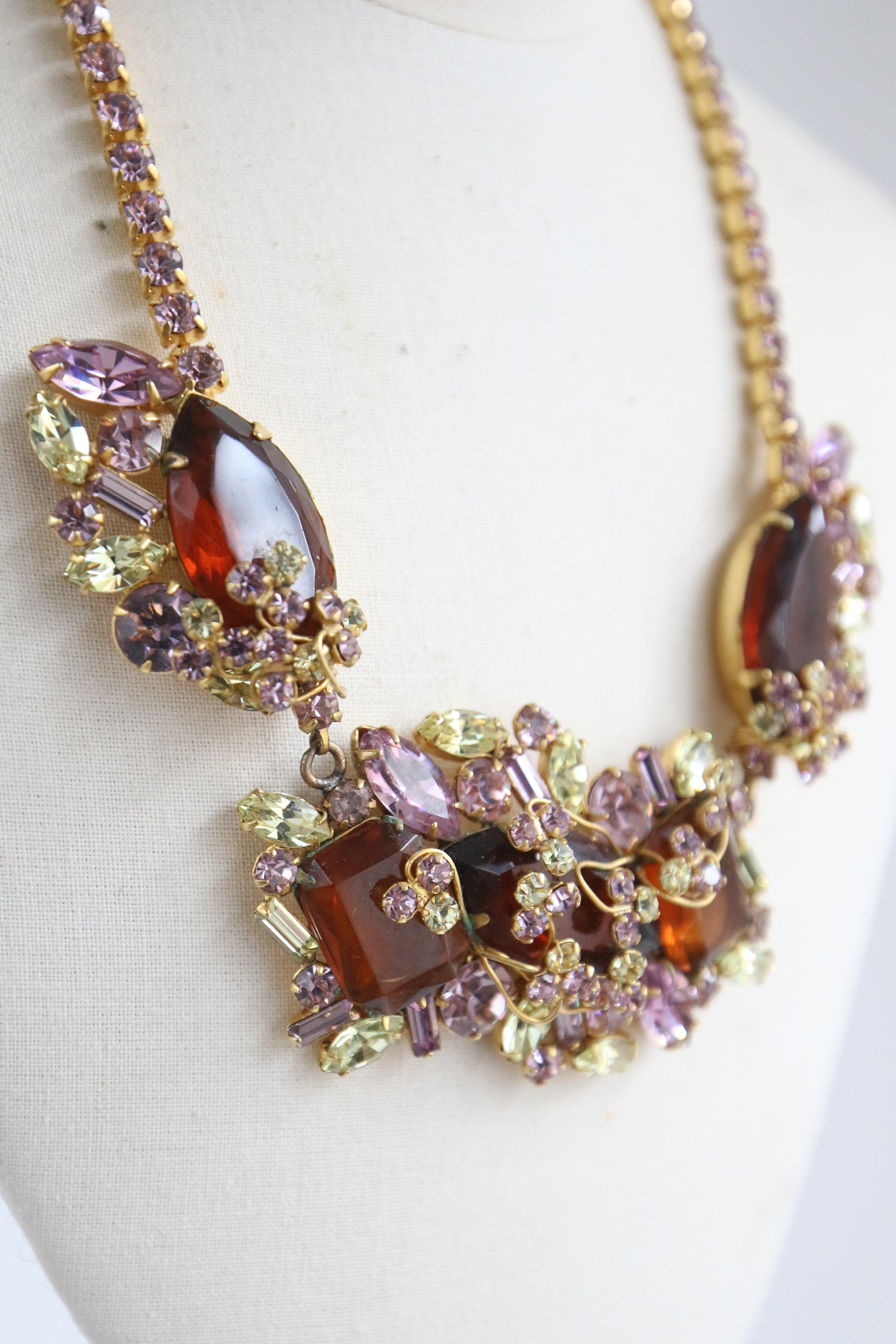 Art Deco Vintage 1950's Rhinestone Necklace Lilac and Chartreuse Statement Jewel Necklace For Sale