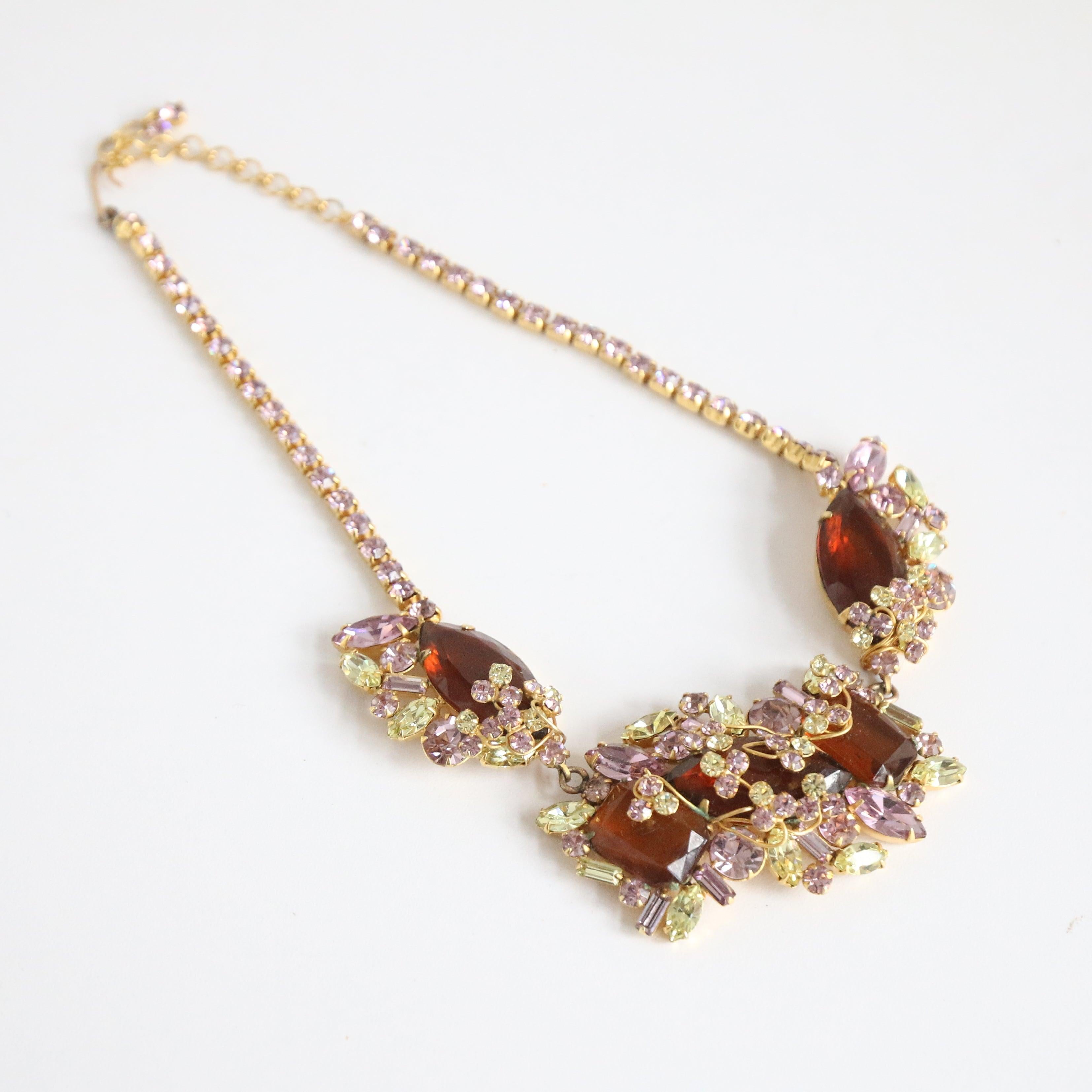 Women's or Men's Vintage 1950's Rhinestone Necklace Lilac and Chartreuse Statement Jewel Necklace For Sale