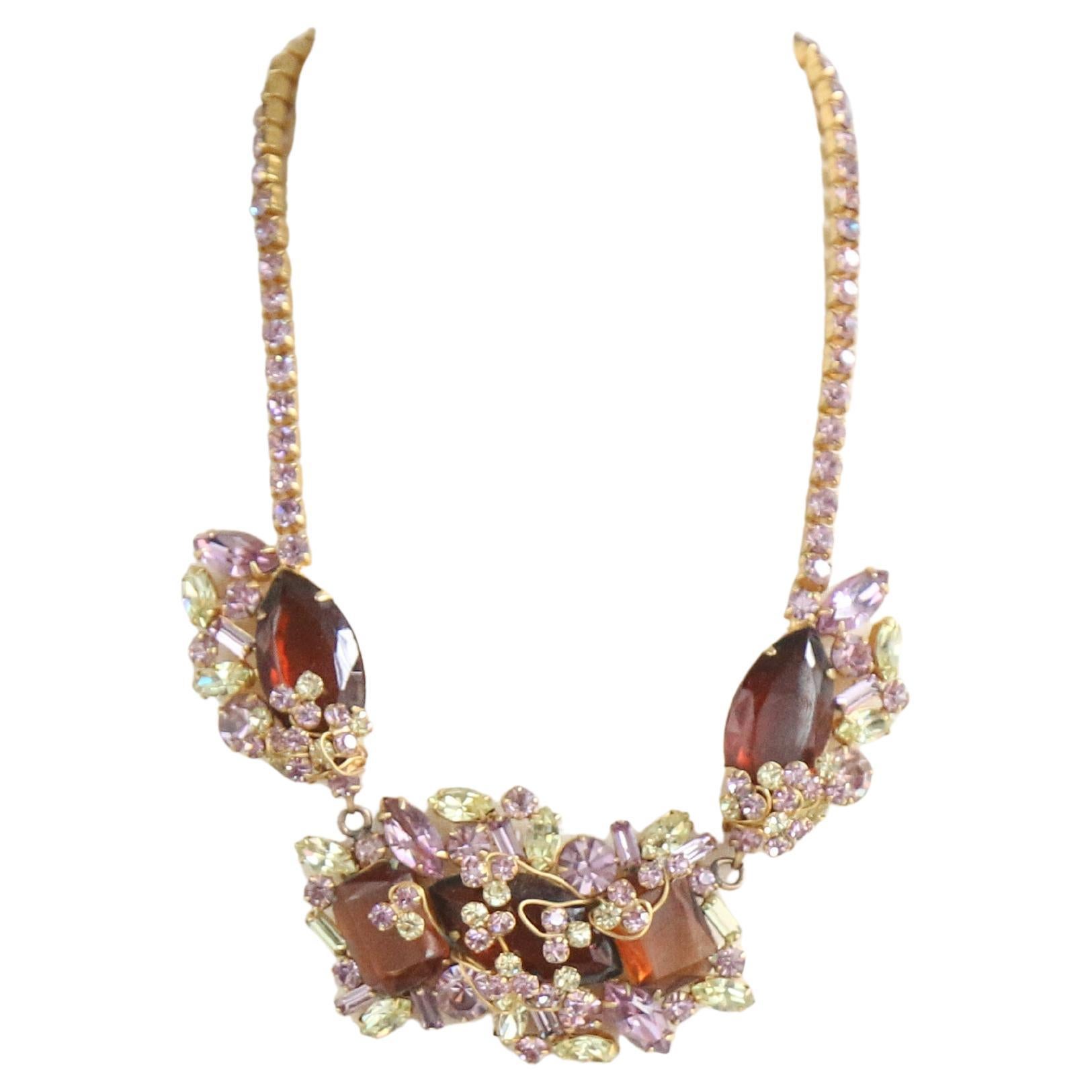 Vintage 1950's Rhinestone Necklace Lilac and Chartreuse Statement Jewel Necklace For Sale