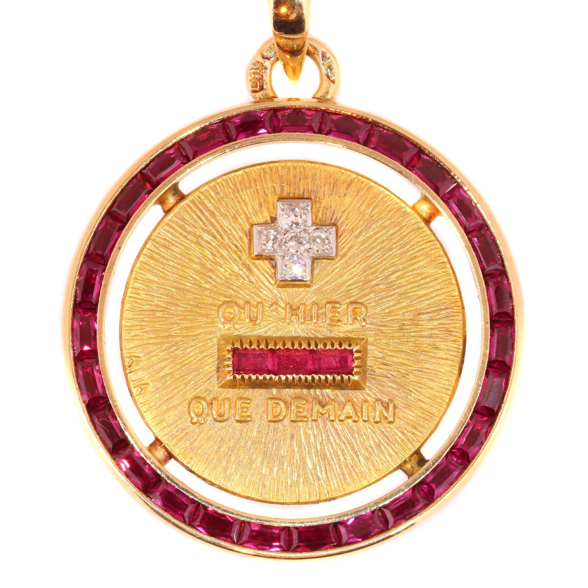 Vintage 1950s Romantic Gold Love Pendant with Diamonds and Rubies