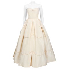 Vintage 1950s Rosalie Macrini Couture Cream Silk Strapless Bridal Wedding Gown