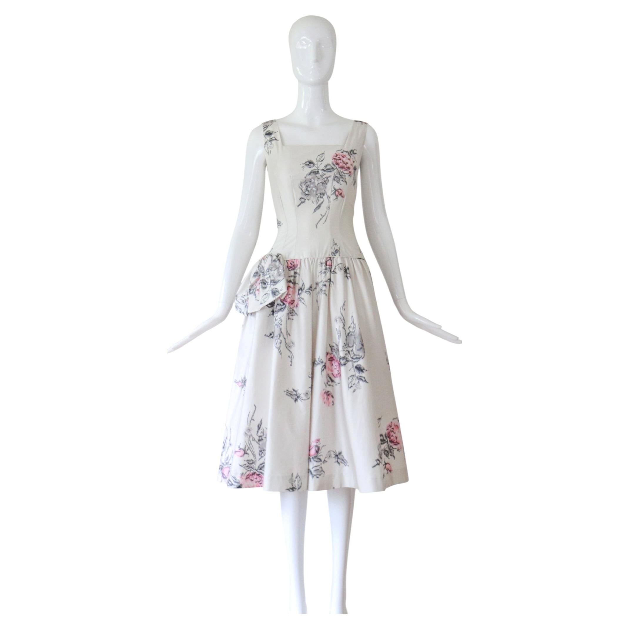 Robe de cocktail vintage des années 1950 à imprimé roses et paillettes – Taille US 4 / UK 8
