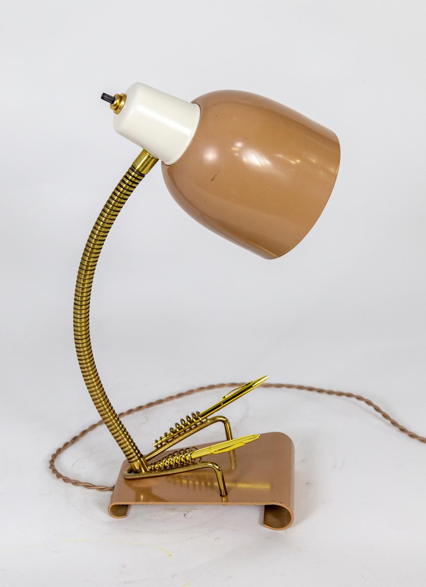 Mid-20th Century Vintage 1950’s Rose-Brown Desk Lamp w/ Pen Holder Coils For Sale