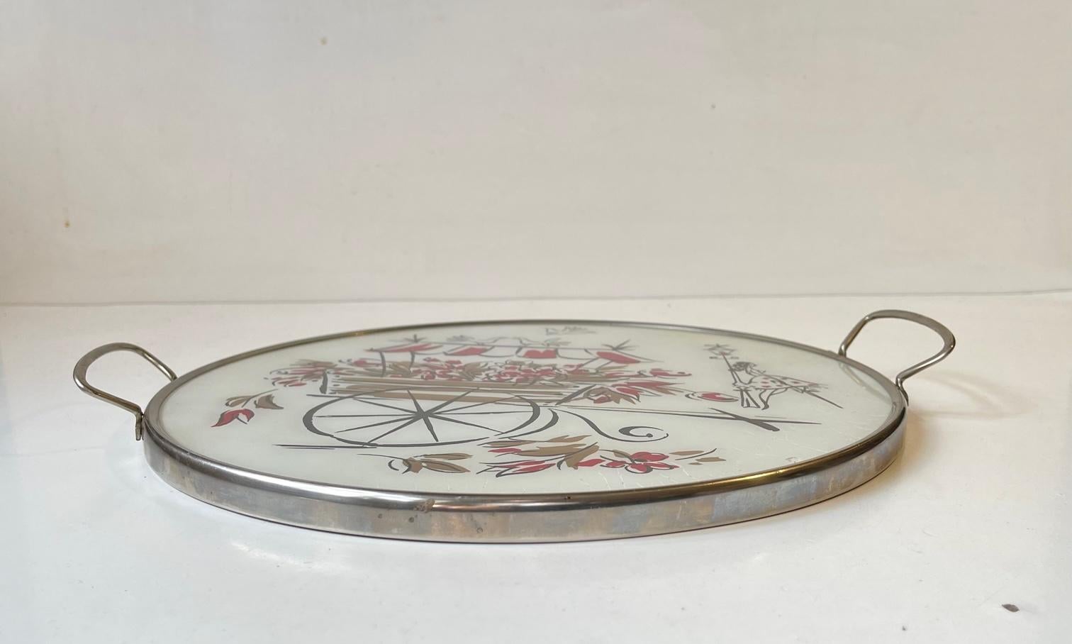A stylized 1950s circular tray for drinks. It is made from chrome-plated metal featuring an acrylic front decorated with a flower tow truck and a lady in a dotted dress. Manufactured during the 1950s or early 60s in either Italy or Japan.