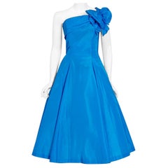 Vintage 1950's Royal Blue Taffeta One-Shoulder Asymmetric Bow Circle Skirt Dress