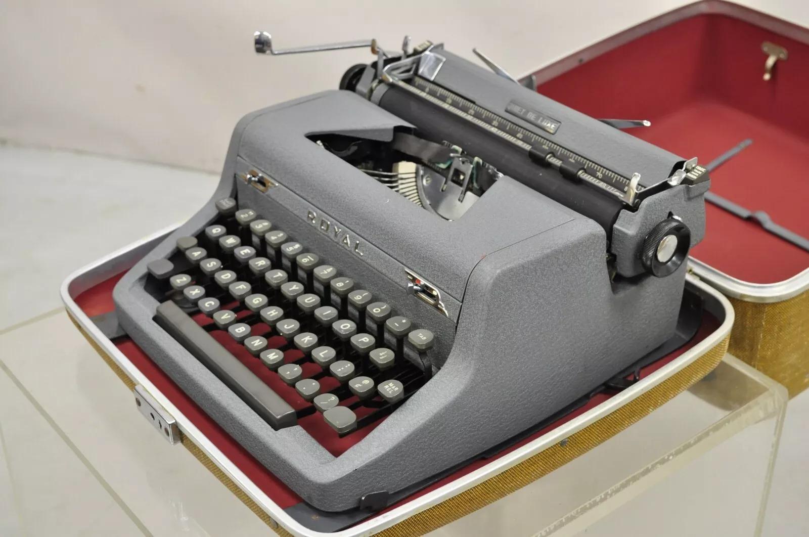 Steel Vintage 1950's Royal Quiet De Luxe Mid Century Typewriter in Case For Sale